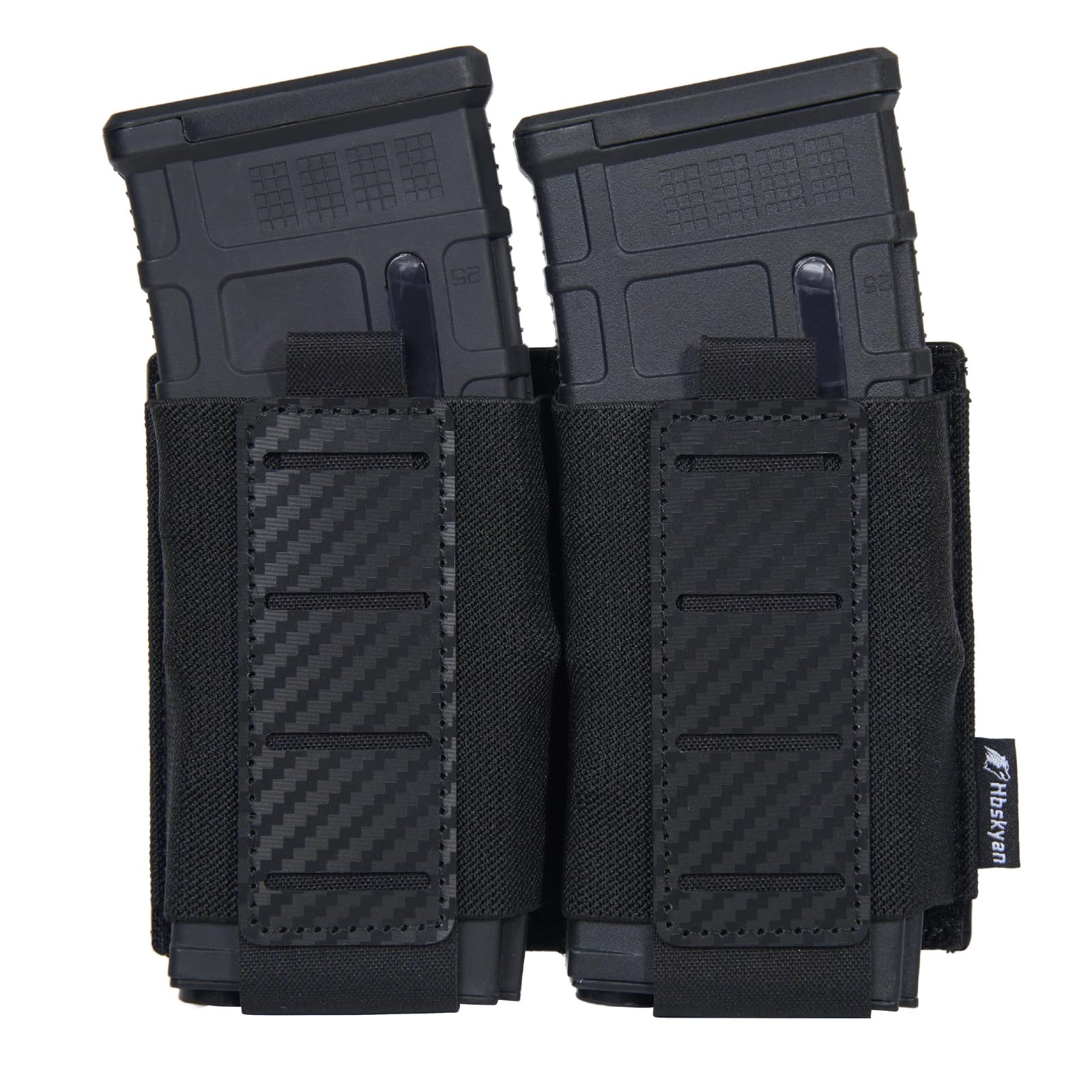 Hbskyan Double Mag Pouch for AK M4 M16 AR-15, 5.56mm MOLLE Magazine Pouch, Elastic Rifle Magazine Carrier with Carbon Fiber Patterned PP Plate (BLK)