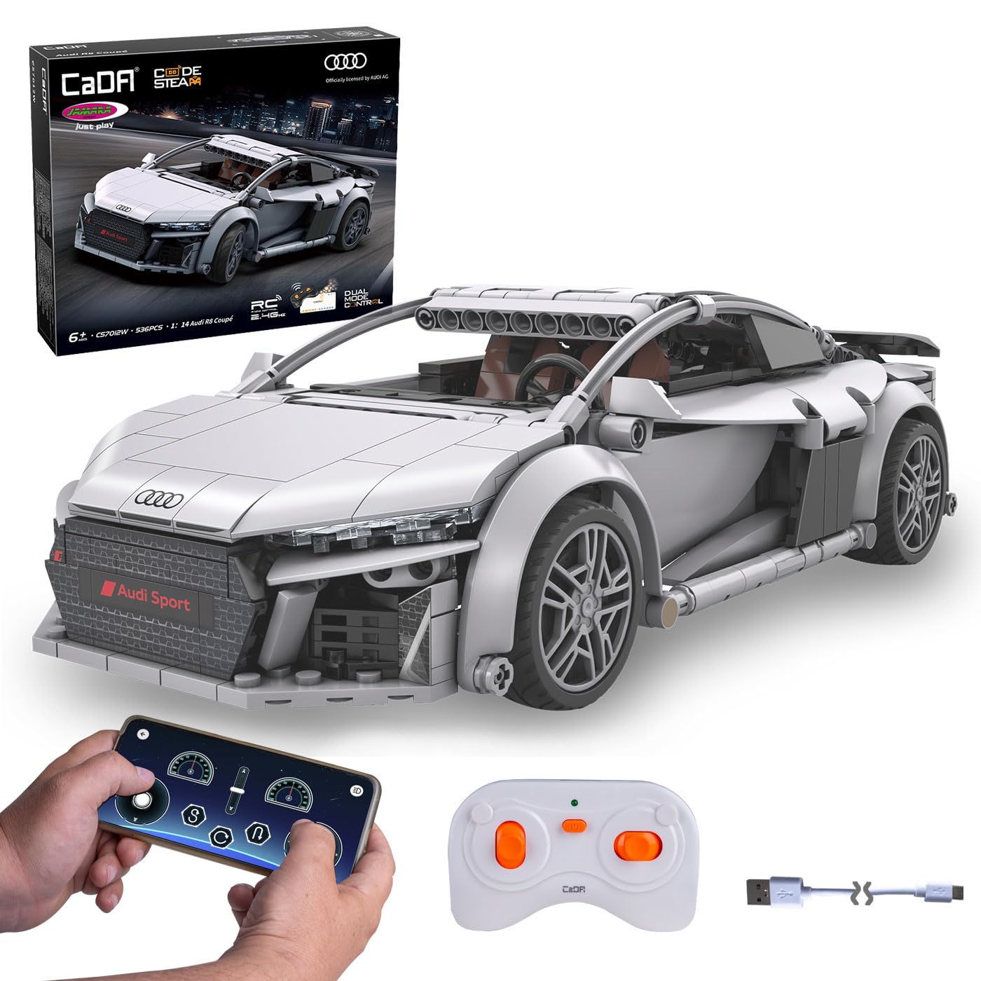 JAMARA 402898 CADA Audi R8 Coupé 1:14, 2,4GHz Bricks, Spielzeugauto Modellauto, Rennwagen Sportwagen für Kinder ab 6 Jahre, RC Ferngesteuert, Geschenkidee, Dualmodus, Detailgetreu