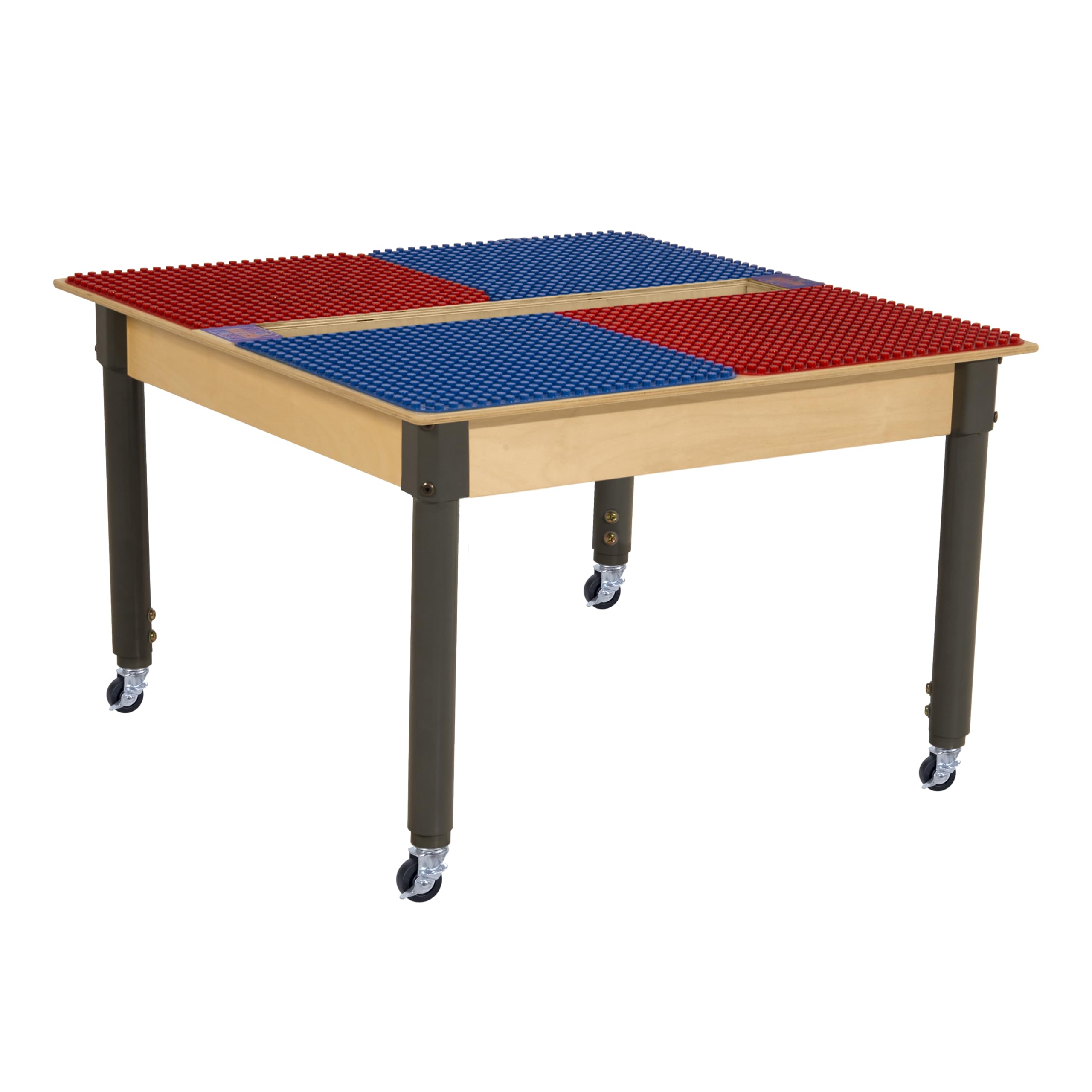 Time-2-Play 35" Square Birch Plywood Red & Blue Montessori Duplo Compatible Building Blocks Table with Wheels, Trough for Kids [18”-29” Adjustable Legs]