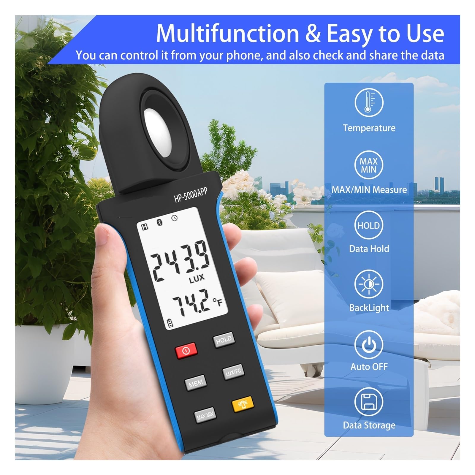 Fotómetro Digital portátil con Temperatura, medidor de iluminancia, 1-400000 Lux, Giratorio 270 °, Pantalla LCD Multifunción