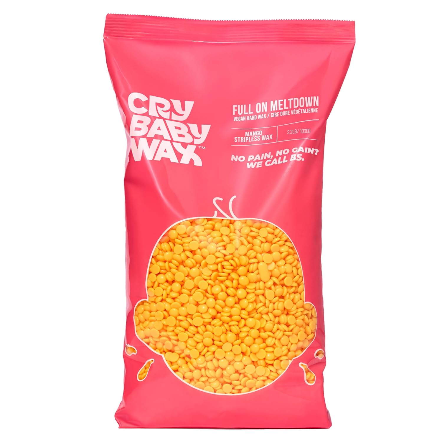 Crybaby Wax Full On Meltdown Mango Vegan Hard Wax Beads for Hair Removal, Stripless Face & Body Wax, Coarse Hair, 2.2 lb Refill Bag