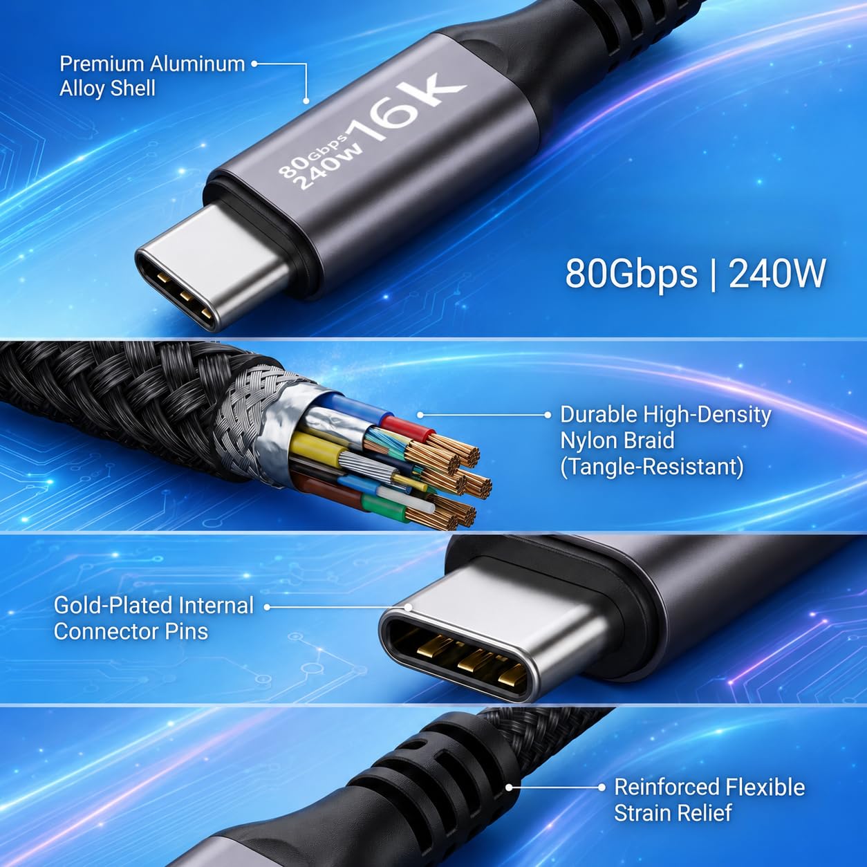 Cavo USB 4 da 1,5 m, dati max 80 Gbps, ricarica rapida PD 3.1 da 240 W, video 16K a 60 Hz, compatibile con porte Thunderbolt 5/4/3, Mac mini M4, MacBook Pro, iPad, iPhone 16/20 ed eGPU