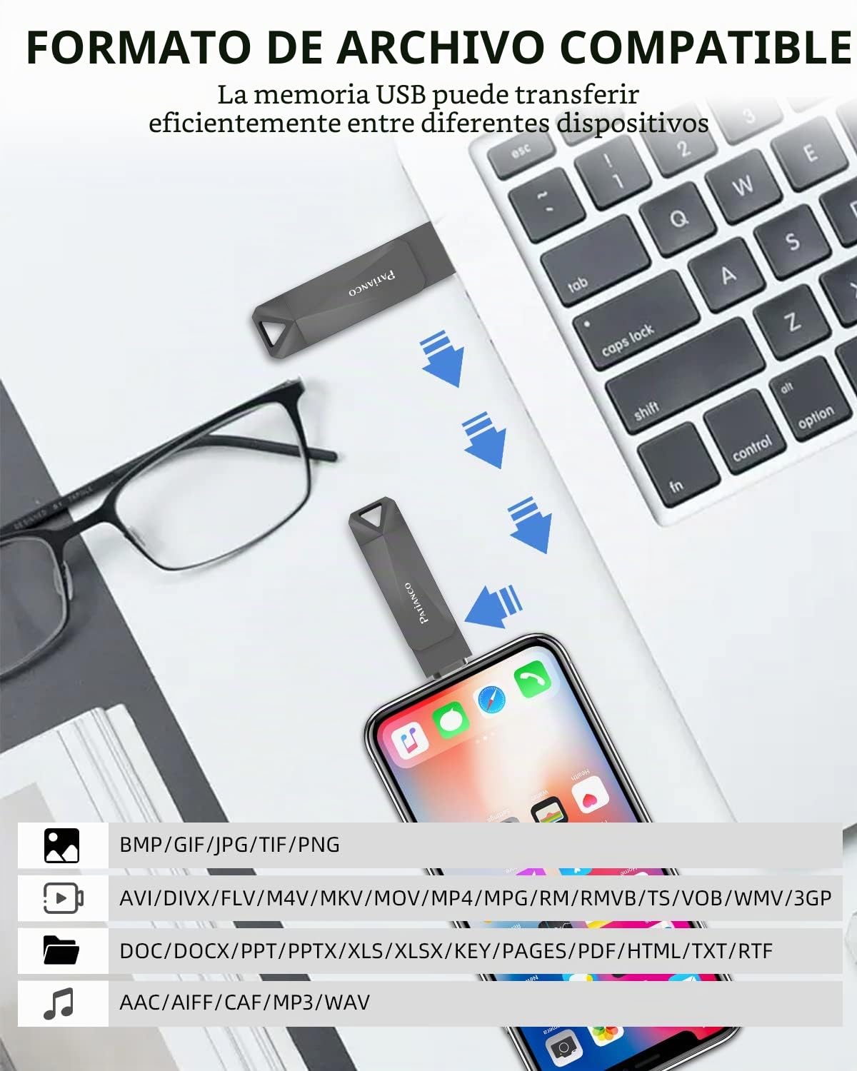 512GB Pendrive USB para iPhone Patianco MFi Certificado USB 3.0 Memoria USB para iPhone iPad 3 en1 Flash Drive Externa Storage Photostick Lightning para OTG Android Smartphone Tablet Mac PC iOS(Negro)