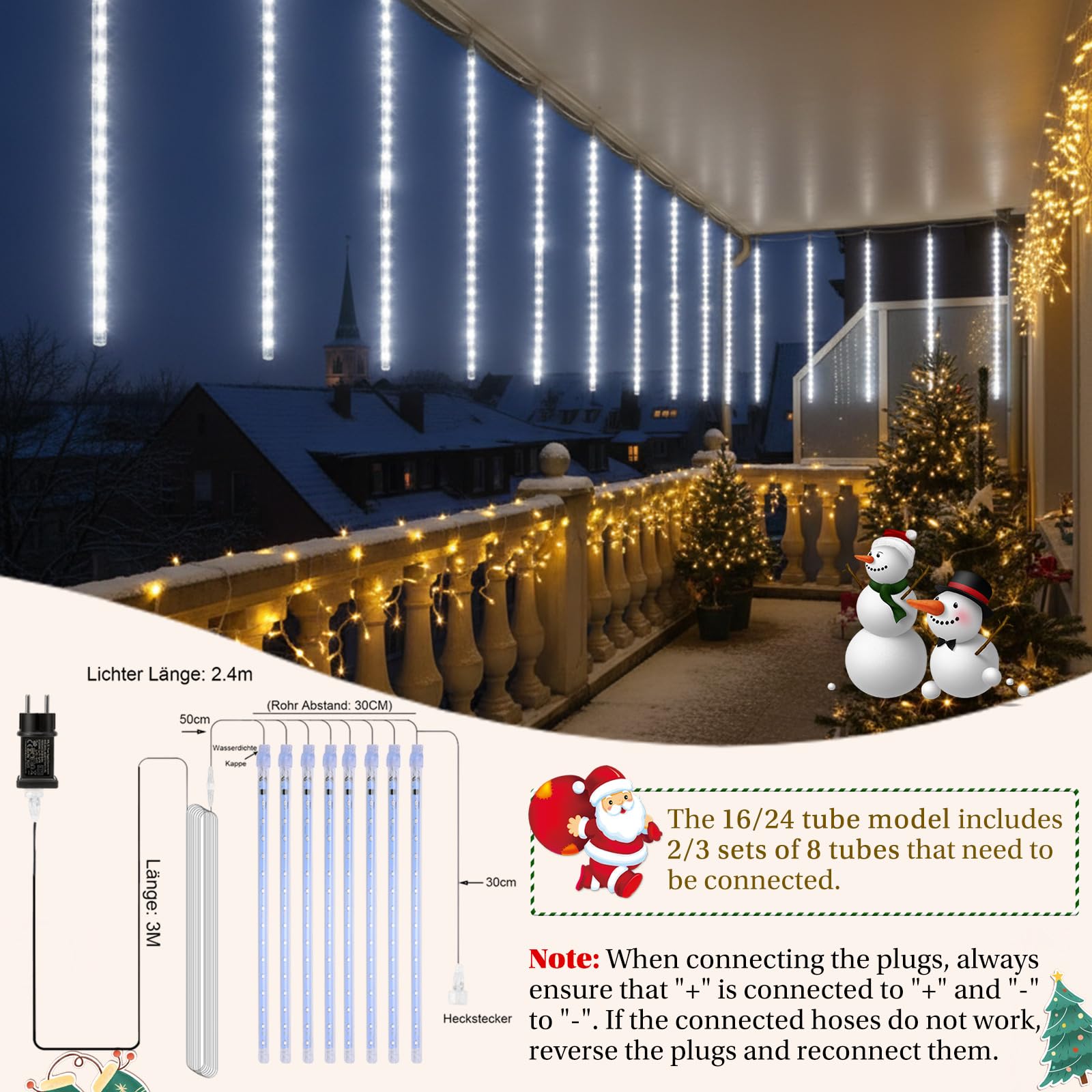 Guirlande Lumineuse Exterieure Noel, 24 Tubes Lumières de Pluie de Météores, 30 cm 576 LED, Étanche IP65, éclairage de Noël pour Balcon, Avant-Toit, Toit, Blanc (3 Jeux de 8 Tubes)