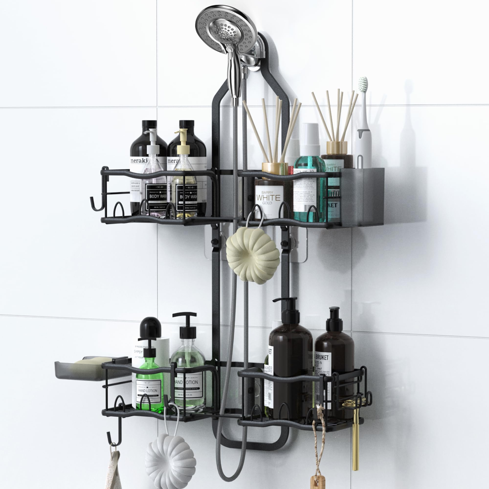 Depecal Shower Caddy Hanging Organizer Rustproof Over Shower Head Caddy Holder with Hooks for Razor Sponge No Drilling