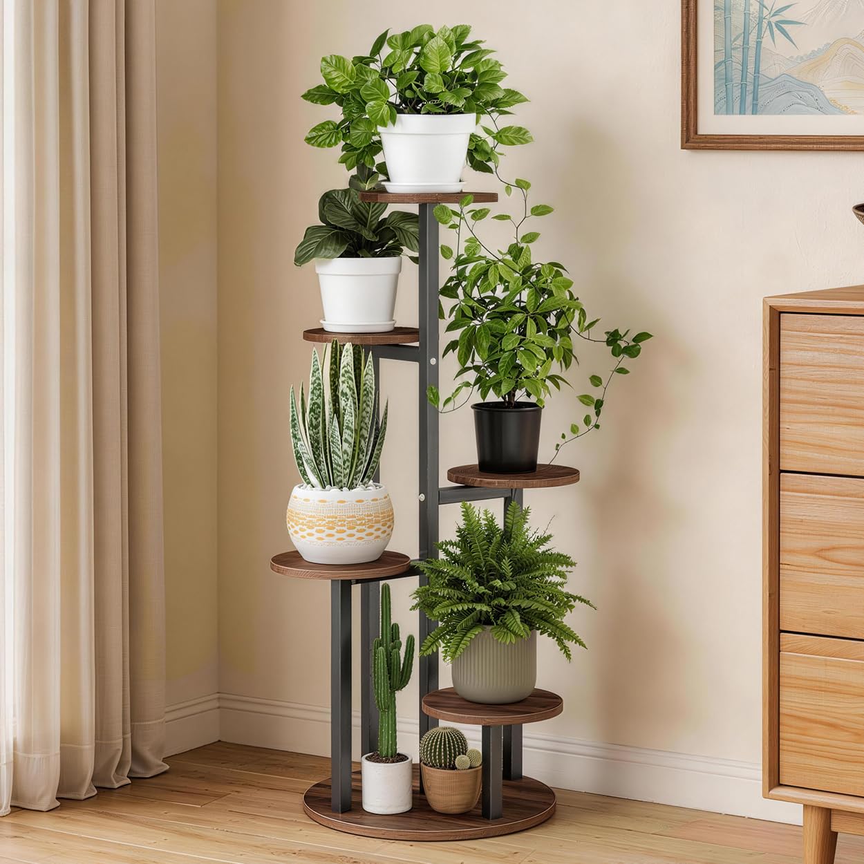 Infant Shining Plant Stand, indoor &outdoor plant stand for multiple plant,Multi functional plant stand,Suitable for living room, bathroom, balcony (Circular-6 Tier Walnut&Black)