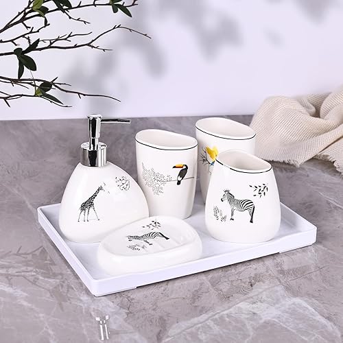 Elegante juego de baño de cerámica de 6 piezas, equipado con dispensador de loción, taza de enjuague bucal, plato de maquillaje, placa de jabón,