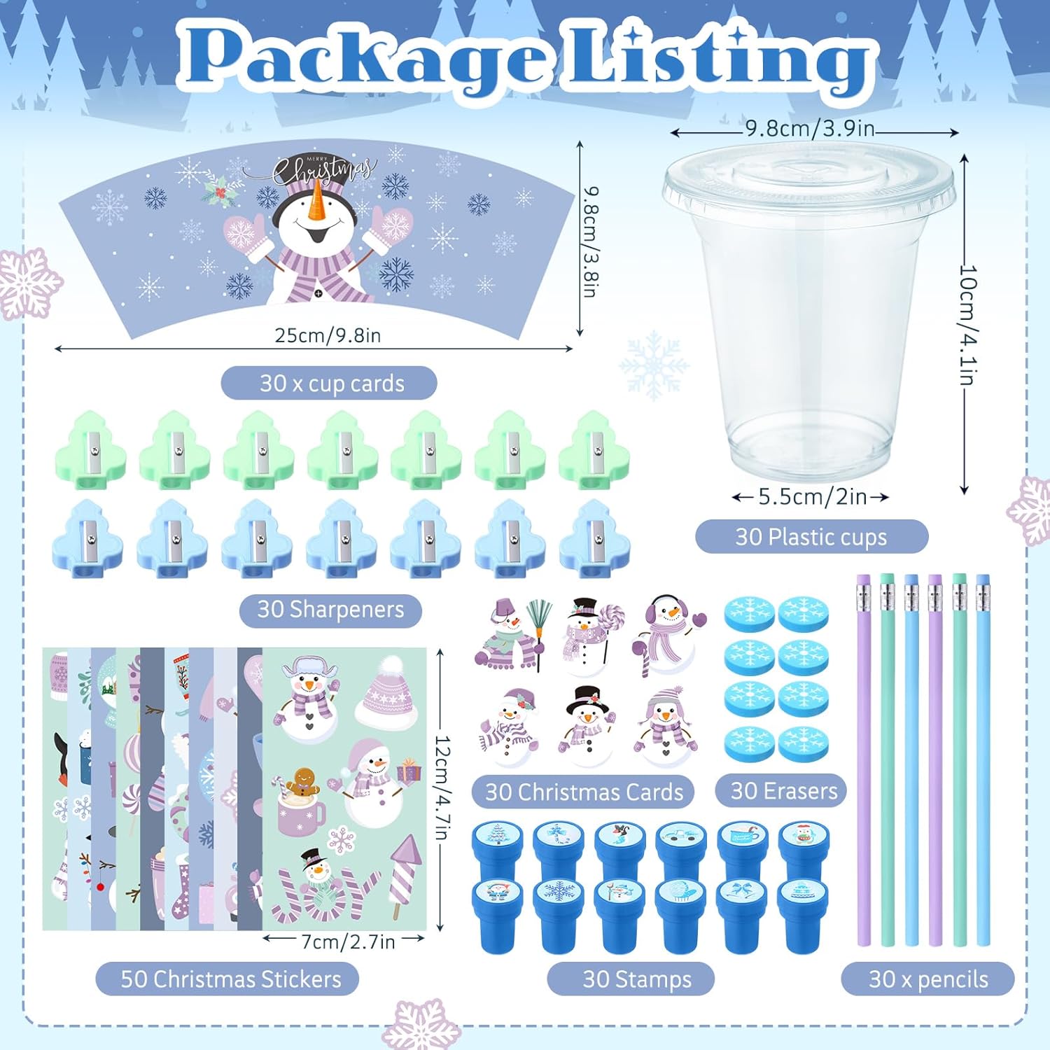 Pickmesh 30 Sets Christmas Winter Stationery Party Favors Snowman Wonderland School Classroom Exchange Gifts Cups Pencils Sharpener Erasers Stamp Stickers Cards Frozen Goodie Bag Filler Stuffer Prizes