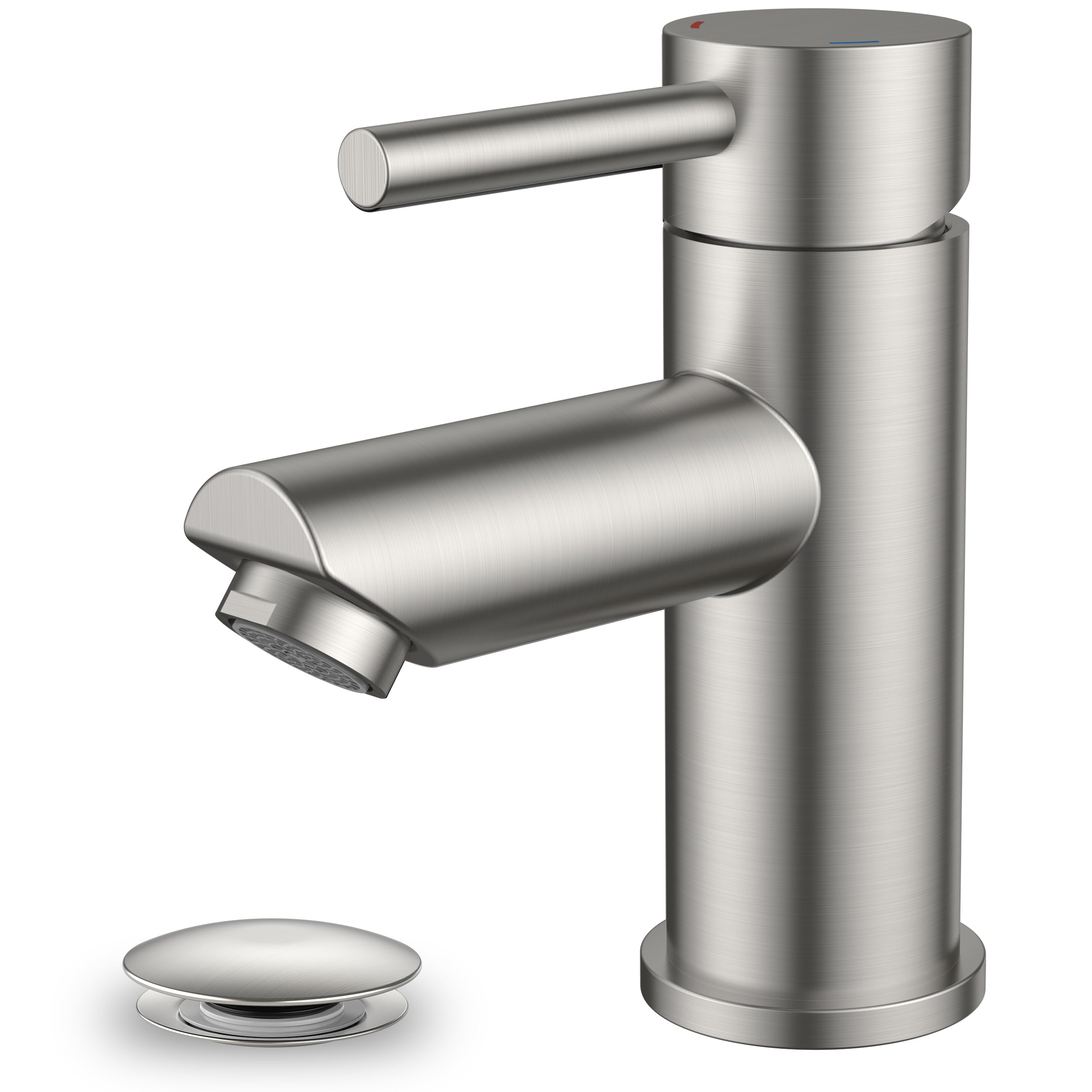 FORIOUS Basin Mixer Tap, Bathroom Sink Tap Single Lever Stainless Steel Single Hole with 70 mm Spout Height, Slotted Pop Up Waste and G1/2 Hoses