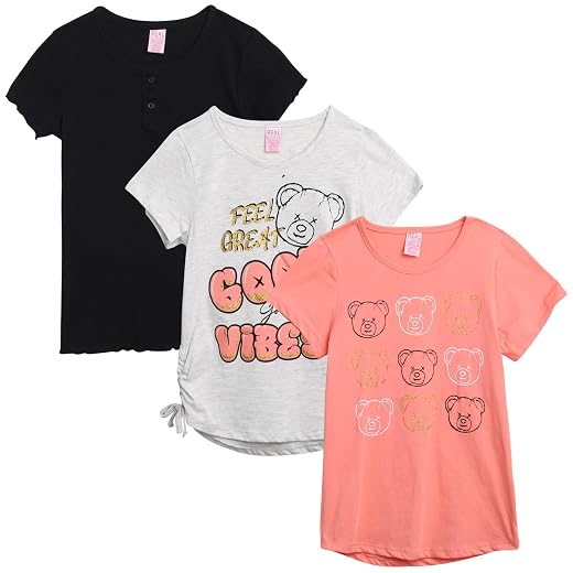 Real Love Girls' T-Shirt - 3 Pack Cute Fashion Short Sleeve Shirts - Trendy Graphic Tees - T-Shirt Multipack for Girls (7-16)