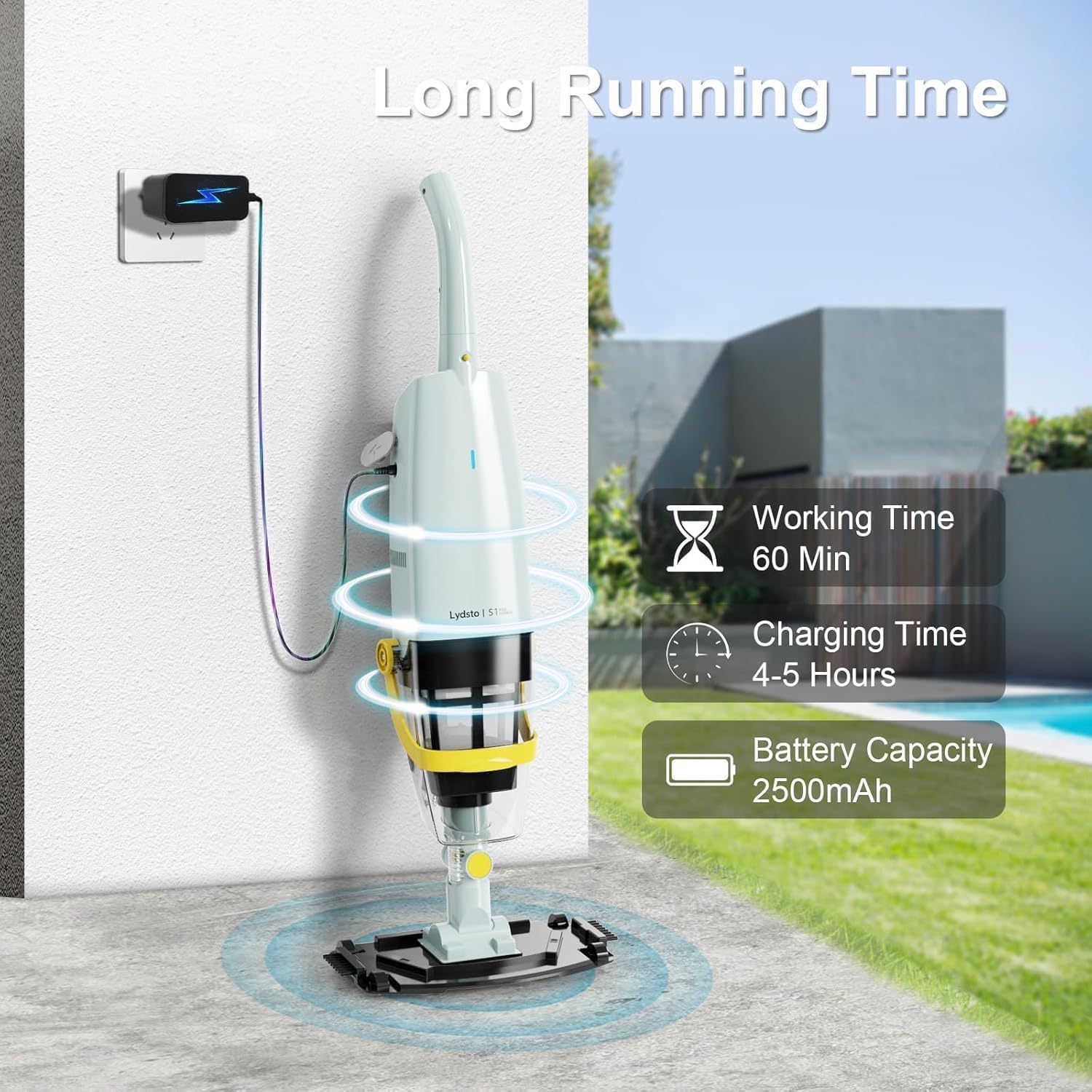 Lydsto S1 Aspirapolvere per Piscina Senza Fili con Asta Telescopica, Aspiratore Piscina a Batteria Lavora 60 Minuti, Aspirazione 18GPM, per Piscine fuori terra SPA