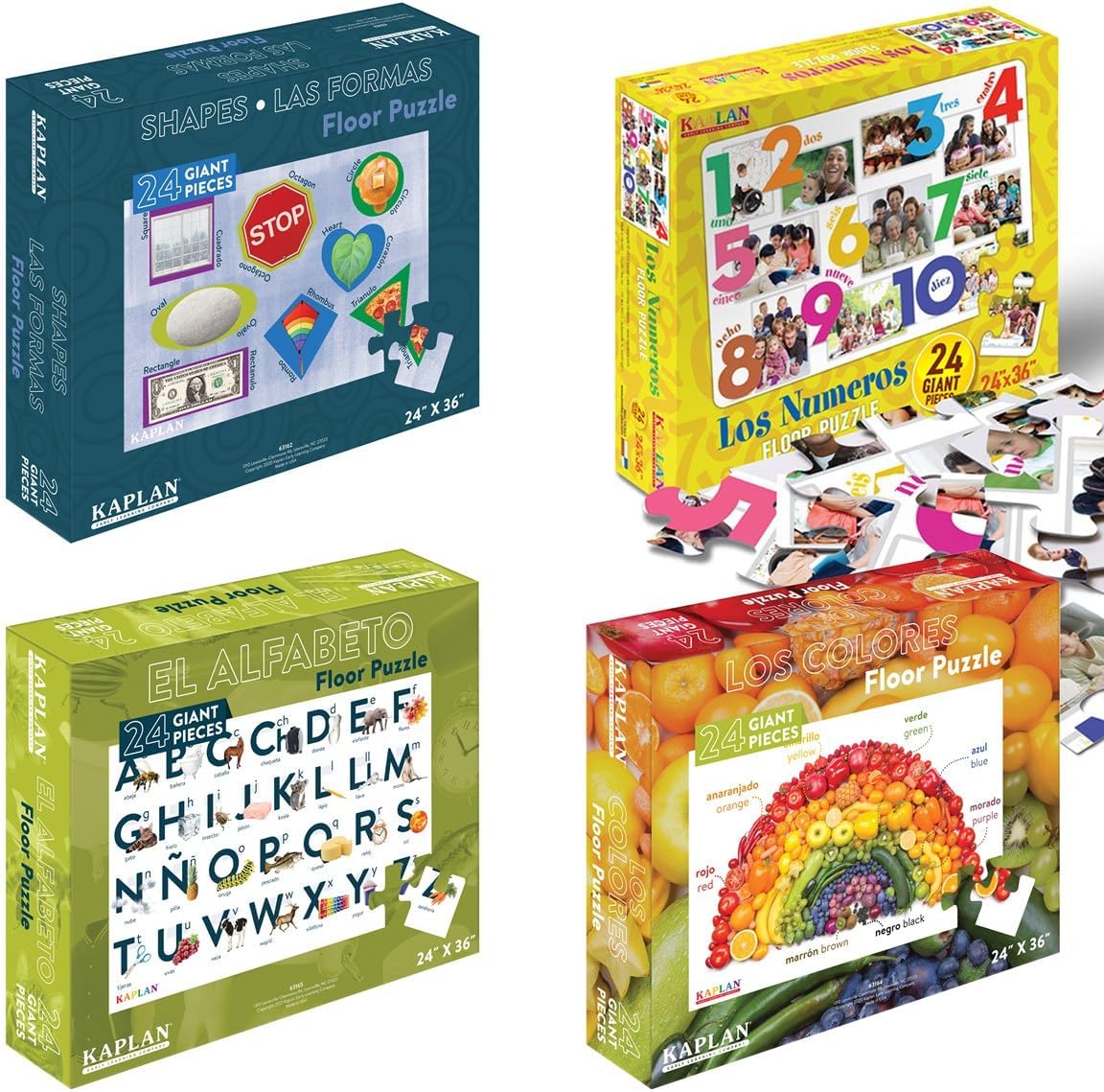 Kaplan Early Learning Spanish & Bilingual Floor Puzzles | Alphabet, Colors, Numbers & Shapes Jigsaw Puzzles for Toddlers, Kids | 24 Pieces Each | Set of 4