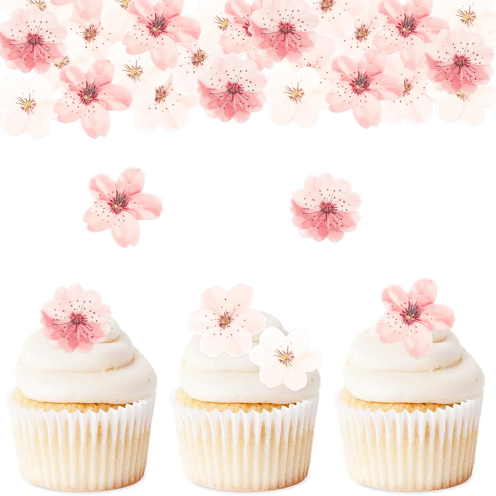 ENLACE Kirschblüten Tortendeko Blumen Essbar,48 Stück Kirschblüten Cupcake Deko,Essbare Blumen für Torte,Essbare Blüten Tortendeko Hochzeit,Esspapier Blüten Deko Torte Geburtstag Kuchendeko Essbar