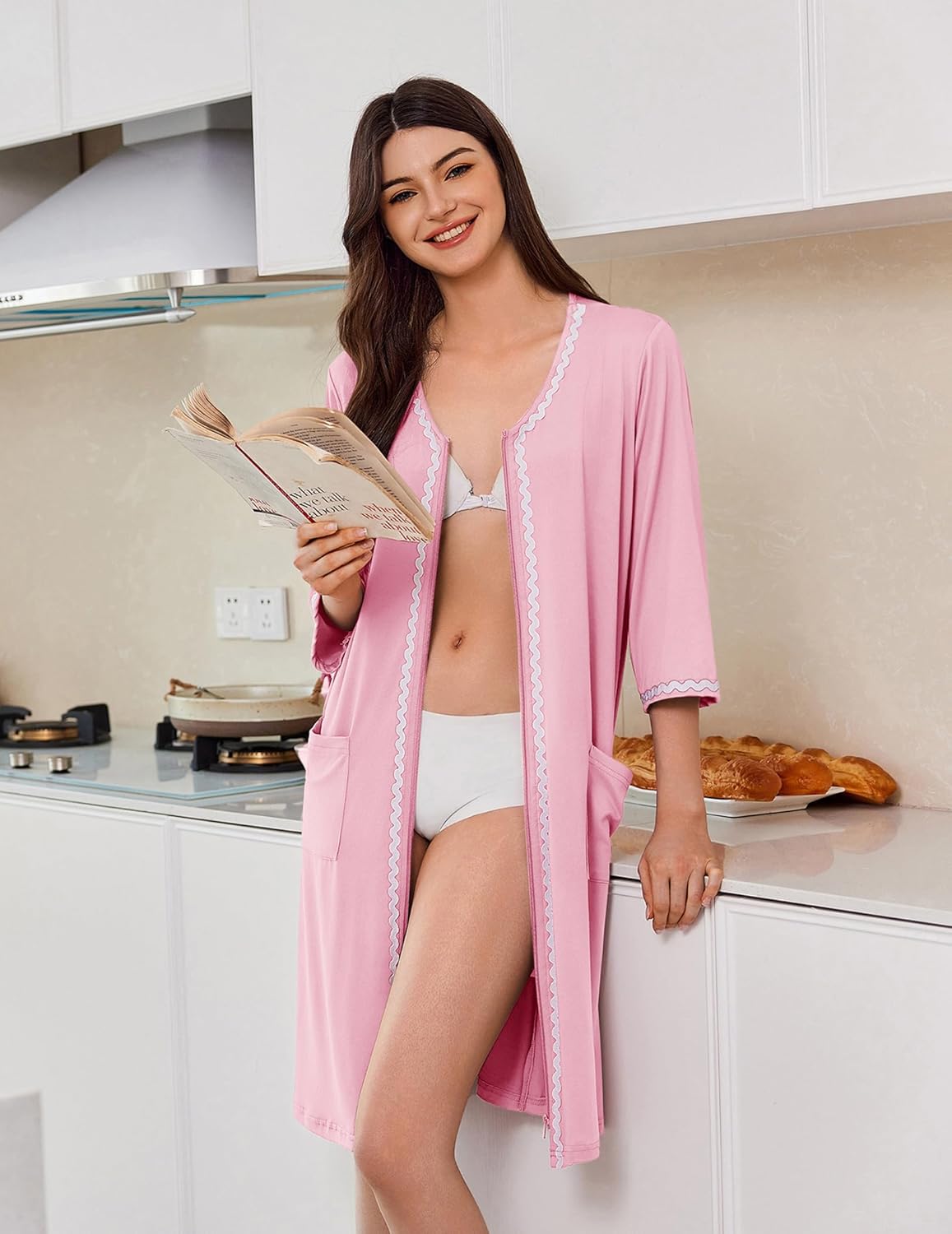 Ekouaer Zipper Robes for Women 3/4 Sleeves Lightweight House Coat Zip Up Bathrobe Soft Nightgown with Pockets S-3XL - Image 3