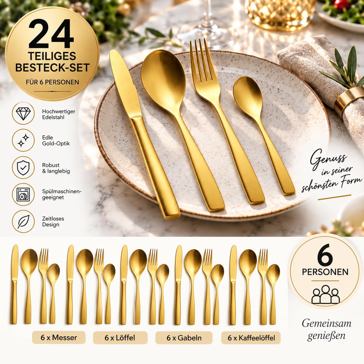 Topkapi Gourmet – 24-teiliges GOLD Besteck-Set Aurelia für 6 Personen