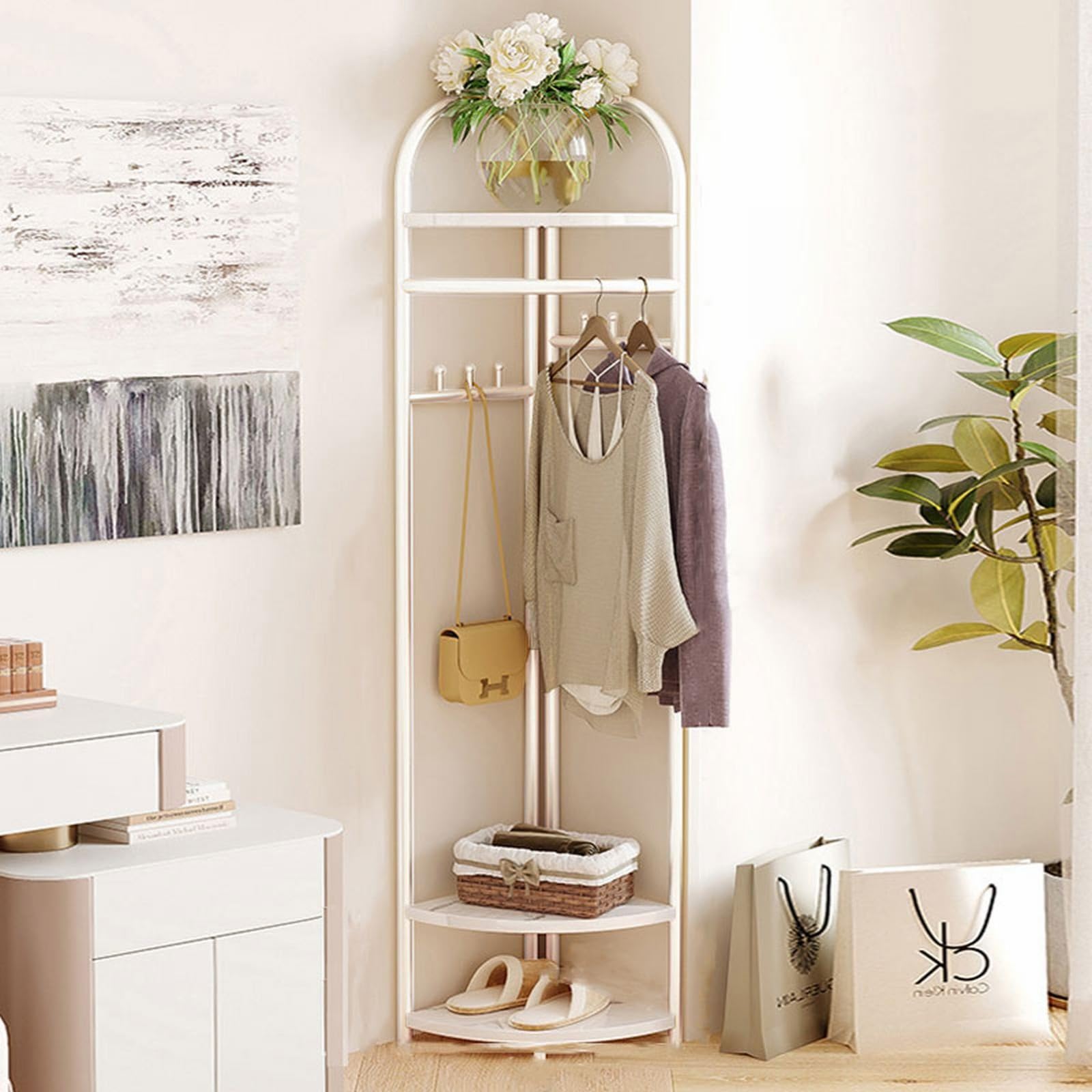 FGXHHS Industrial Corner Hall Tree with Shoe Rack & 6 Hooks - Space-Saving Entryway Coat Storage Shelf for Hallway, Bedroom, Foyer Multifunctional