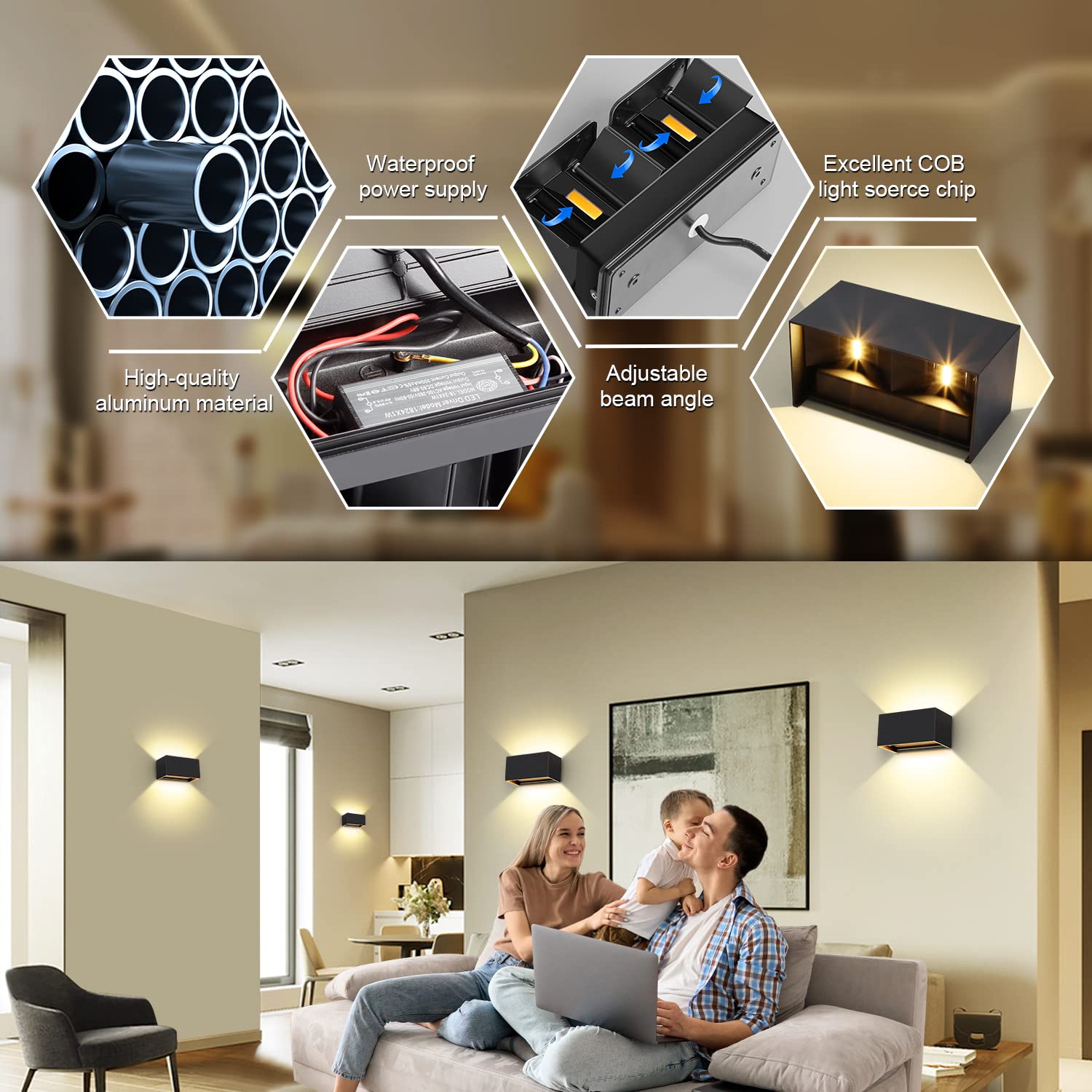 Kingwen LED Außenwandleuchte Schwarz 4er Set,20W 2000lm 3000K,IP65,eckig | Up Down,0-120° Abstrahlwinkel einstellbar;Aluminium für Fassade,Eingang,Terrasse,Flur,Treppe und Innenräume