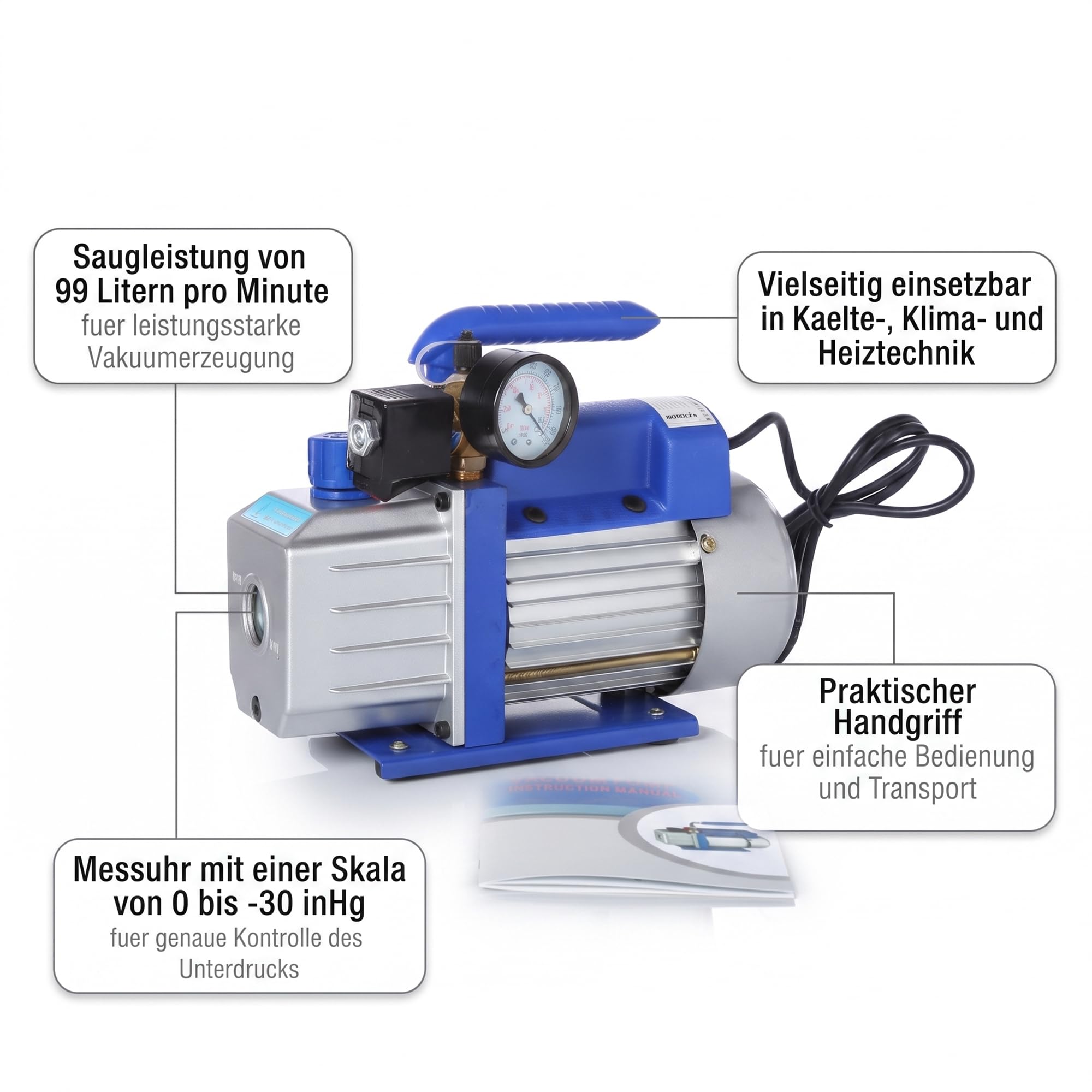 Mucola Vakuumpumpe 99 L/Min 250 Watt Aluminium 230V – Unterdruckpumpe mit Schauglas, Vakuum bis 5 Pa, Schlauchanschlüsse 1/4" und 3/8" SAE | für Klimaanlagen, Kältetechnik und Wärmepumpen Service