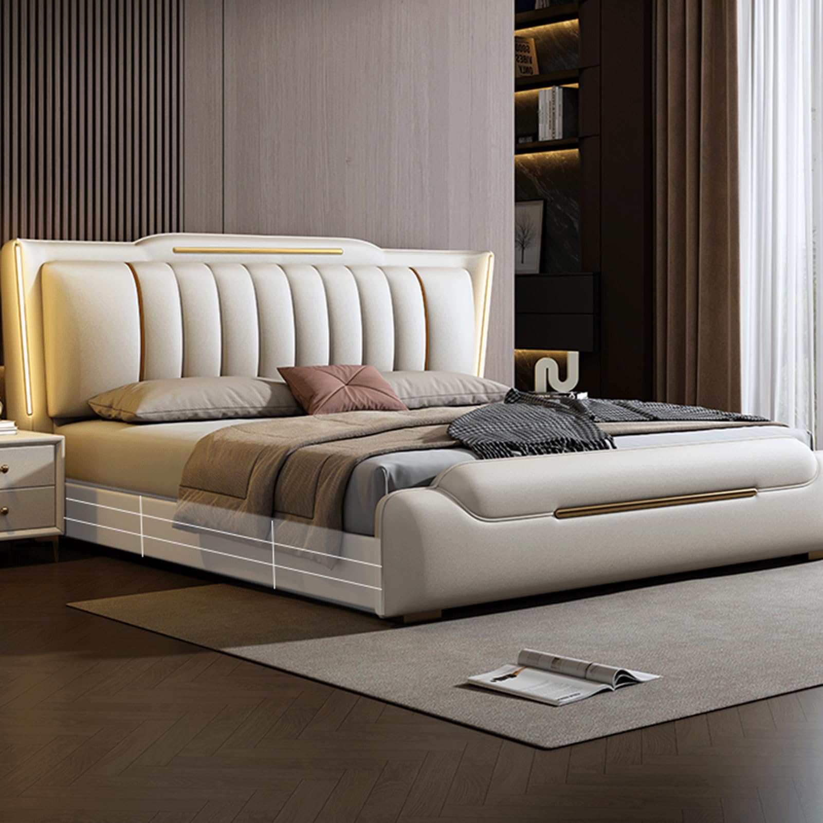 King Size Modern Genuine Leather Wood Bed Upholstered Platform Bed Frame with Headboard and Lift Up Storage Strong