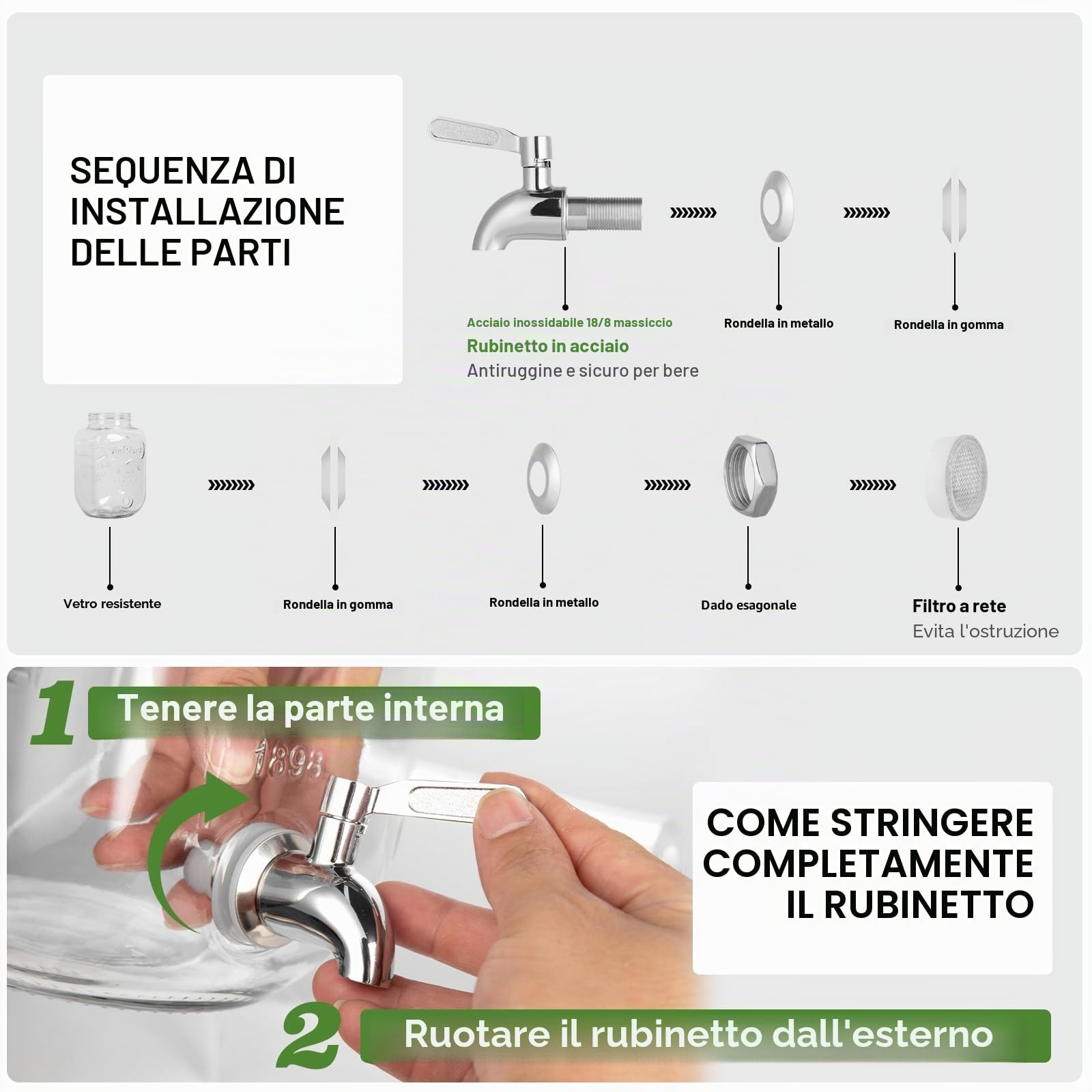 Dispenser per bevande in vetro con supporto, dispenser per bevande da 3,8 l per feste con portabicchiere, include un infusore per ghiaccio e frutta, un rubinetto in acciaio inossidabile 18/8