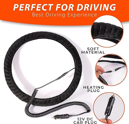 Miniatura 2 de ZONETECH Paquete de 2 fundas térmicas para volante de automóvil, 12 V, color negro clásico, calidad premium, ultra cómodo, 12 V, calentador de manos