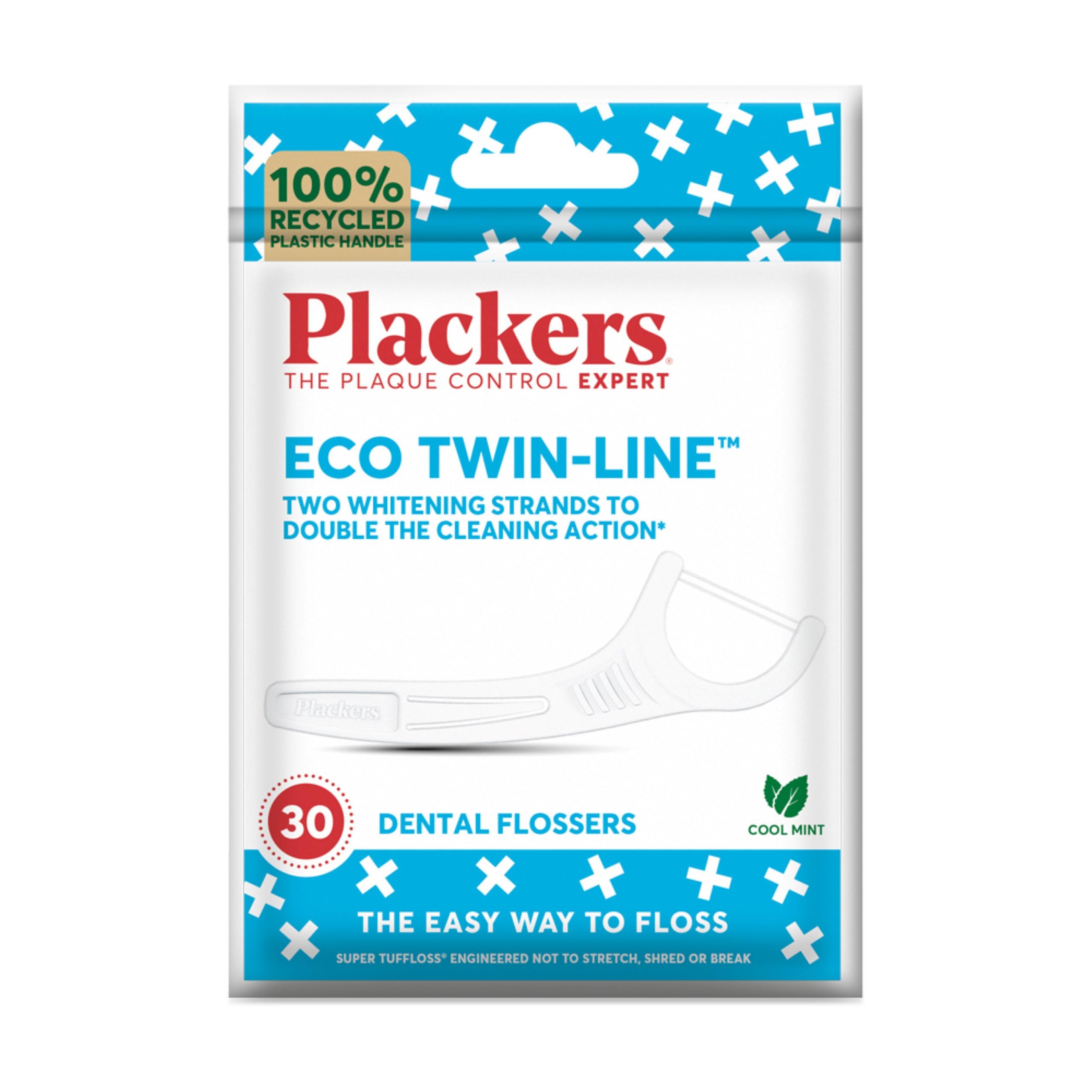 Plackers Eco Twin Line Flossers, Dental flossers, Double Cleaning Action, Two Floss Threads, the Easy Way to Floss, Folding-Out Toothpick, Recycled Plastic Handle