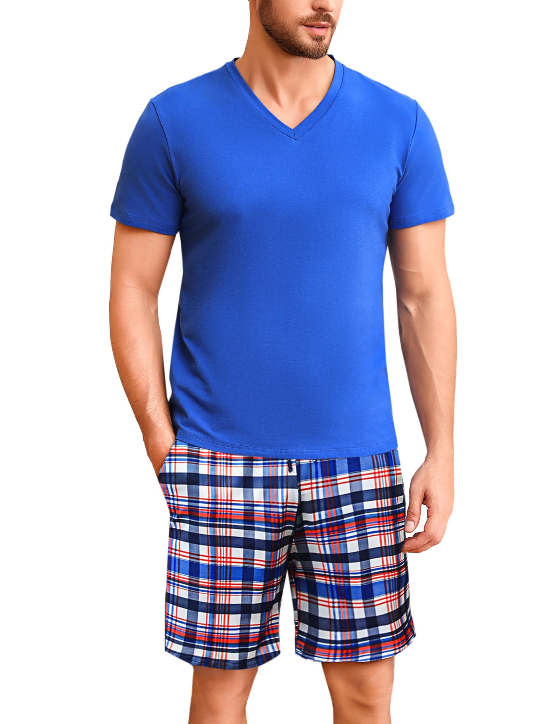 Bresdk Schlafanzug Herren Kurz Pyjama Set Baumwolle Kariert Zweiteilige Nachtwäsche für Herren