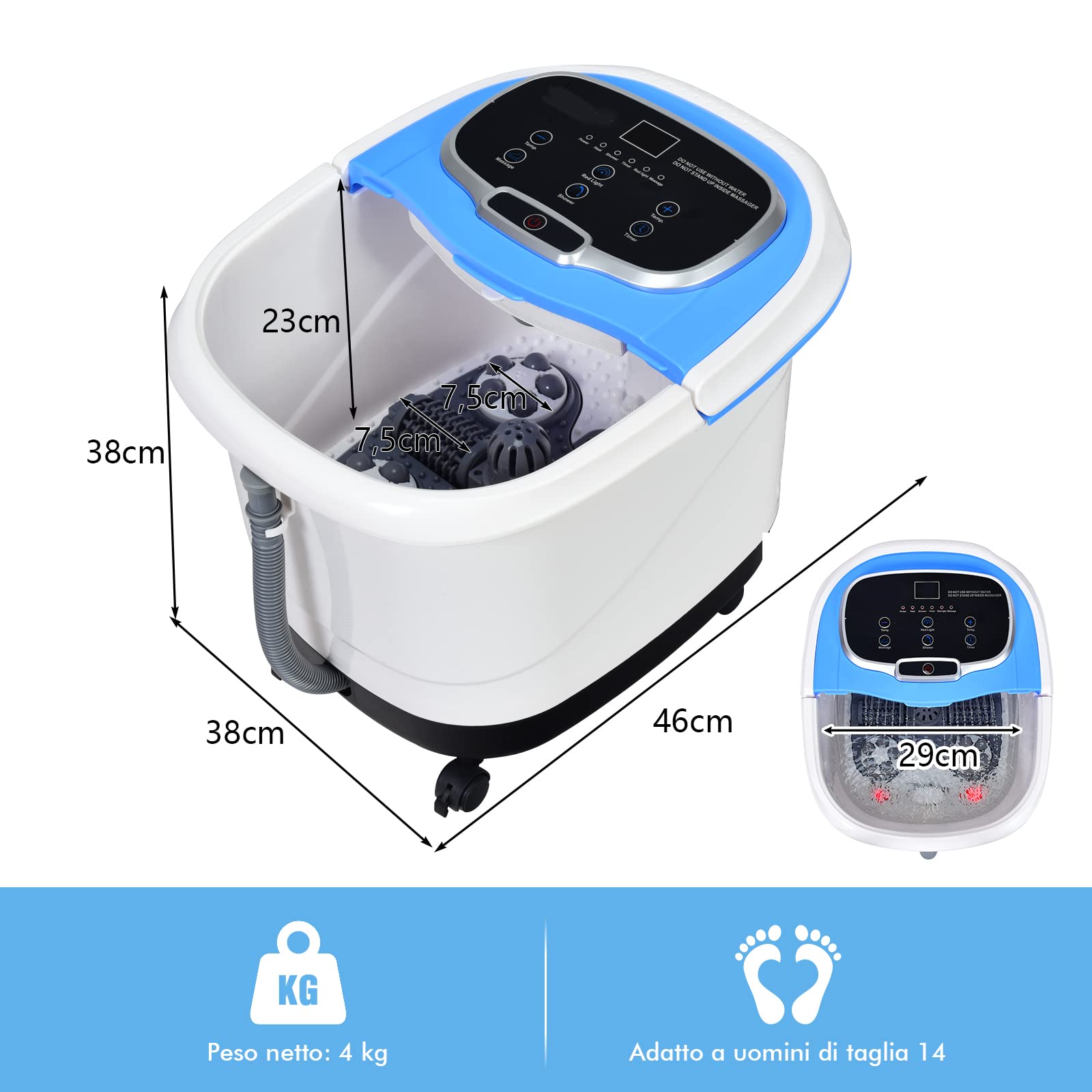 RELAX4LIFE 48 Pediluvio Massaggiatore Piedi Elettrico con Doccia, Riscaldamento Rapido e Mantenimento Temperatura, Sterilizzazione a Infrarossi e Timer 60min con Rotelle, Fino al 48