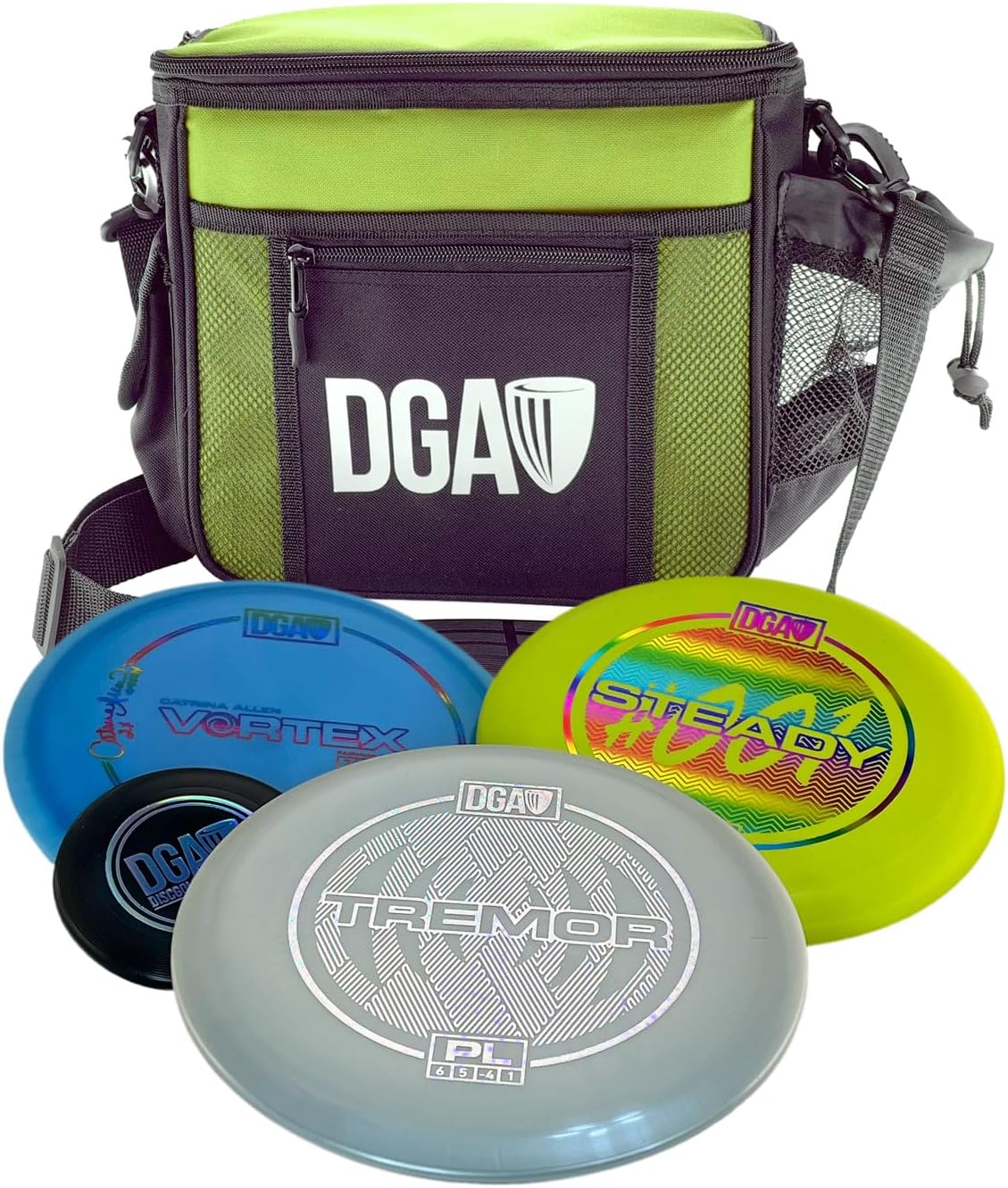 DGA Beginner Disc Golf Starter Set with Lightweight Disc Bag, Premium Driver, Premium Midrange, and Baseline Putter & Mini Marker – Perfect for New & Casual Players (Neon Green)