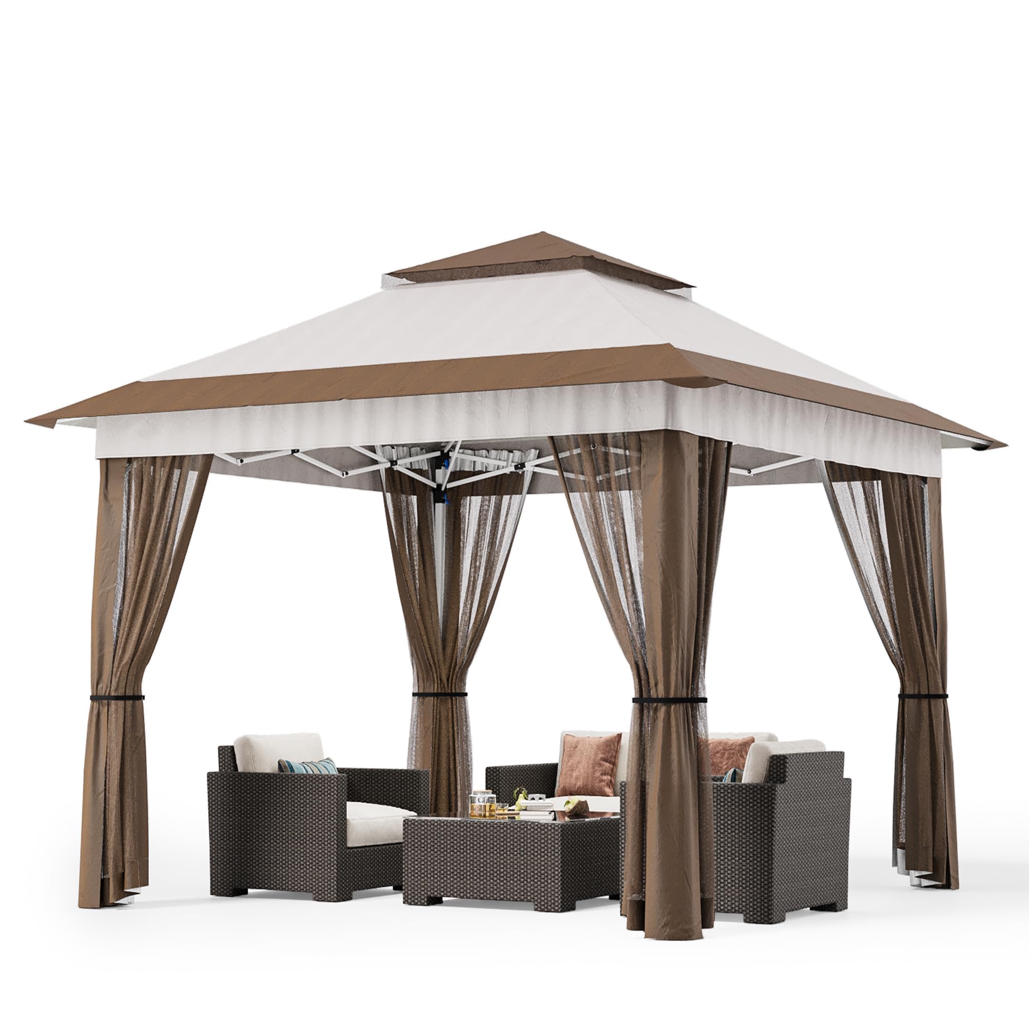 Gazebo Dépliable Bealife 3,35 X 3,35 M Hauteur Réglable - Toile Imperméable Avec Moustiquaire Et Protection UV (Beige)