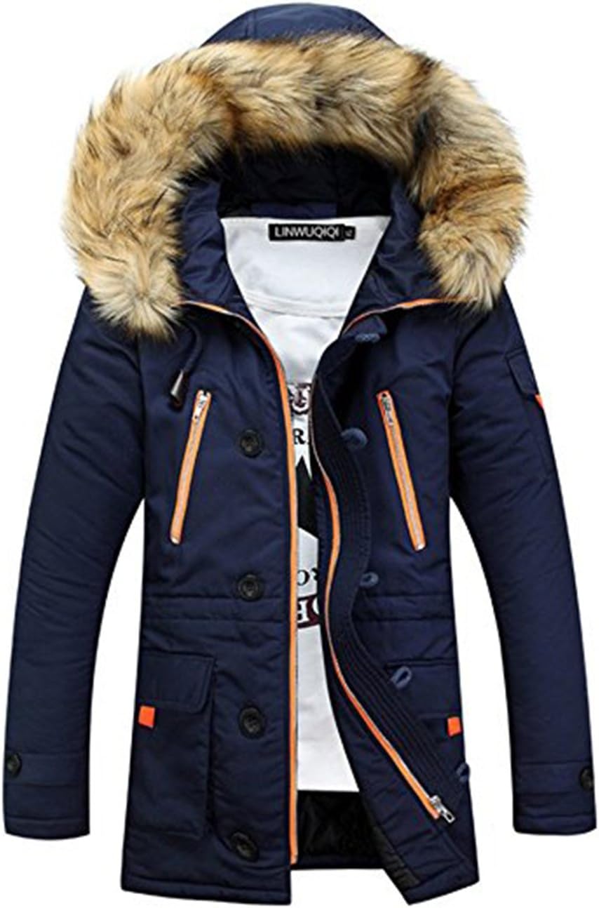 Mens Parka Coats with Fur Hood Field Jacket Fleece Winter Warm Coat Outdoor Casual Thicken