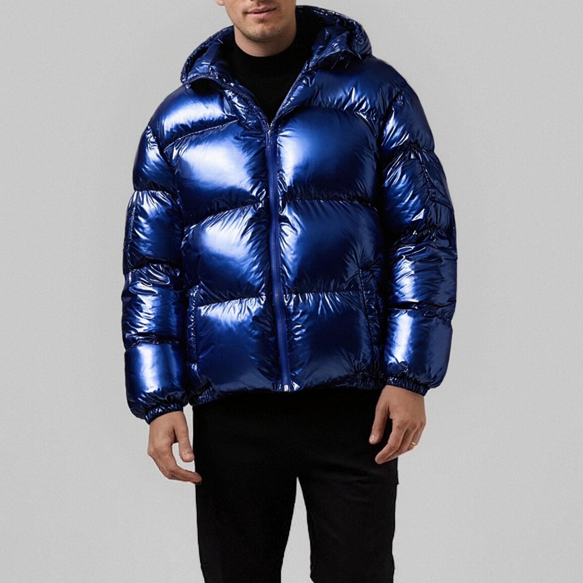 Giacca invernale da uomo con cappuccio metallizzato, trapuntata, lucida, trapuntata, con tasche