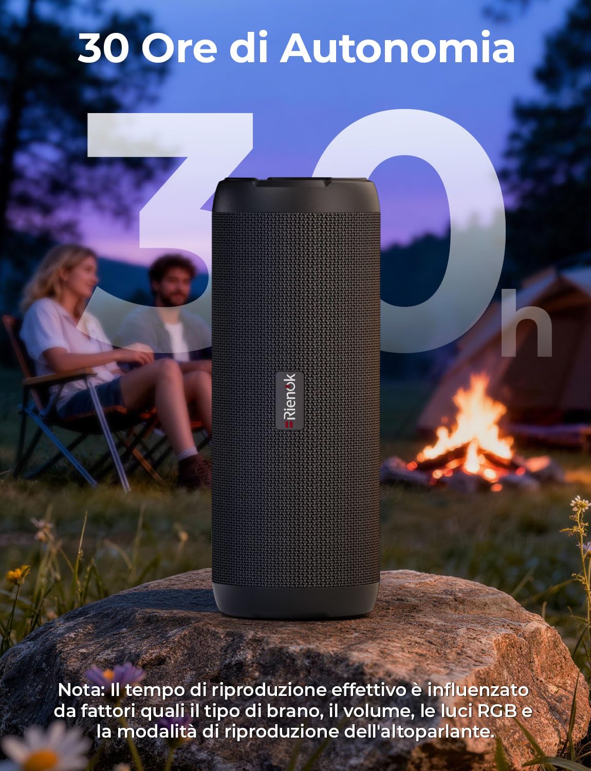 RIENOK Cassa Bluetooth Potente Portatile 40W IPX7 Impermeabile Altoparlante Bluetooth con Equalizzatore, 30 Ore di Autonomia, Bassi Potenti, Chiamate in Vivavoce, Luce LED, Supporta AUX e TF