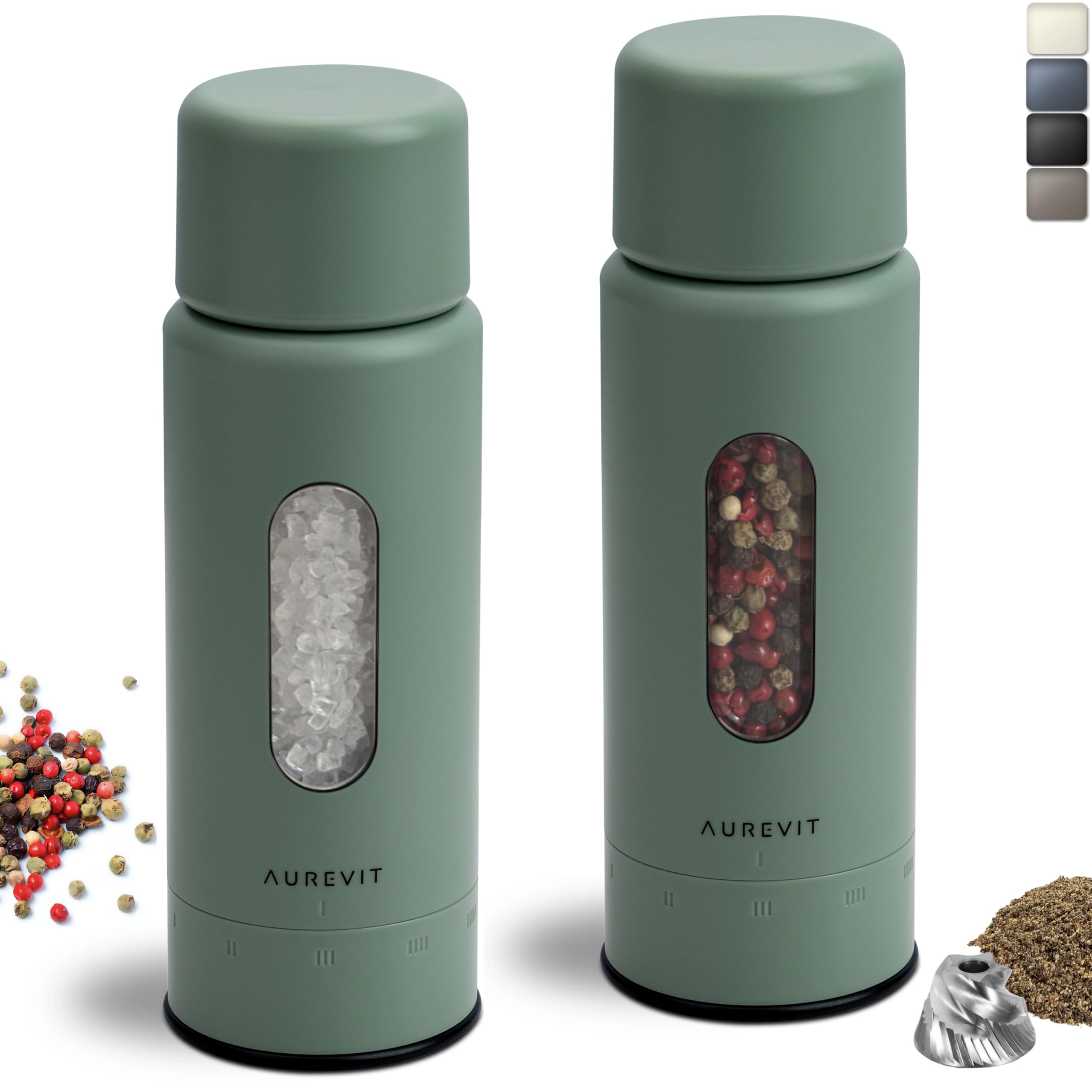 Aurevit Salz und Pfeffermühle Set Manuell, Pfeffer und Salzmühle mit Edelstahlkern & Keramikmahlwerk