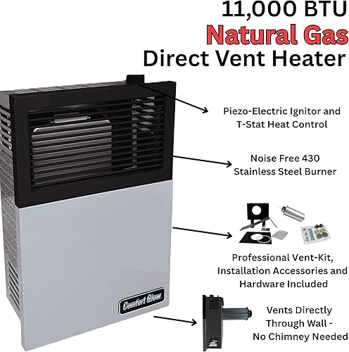 Vista 28 de Comfort Glow Calentador de pared de gas natural de ventilación directa de 17,000 BTU, gris, grande