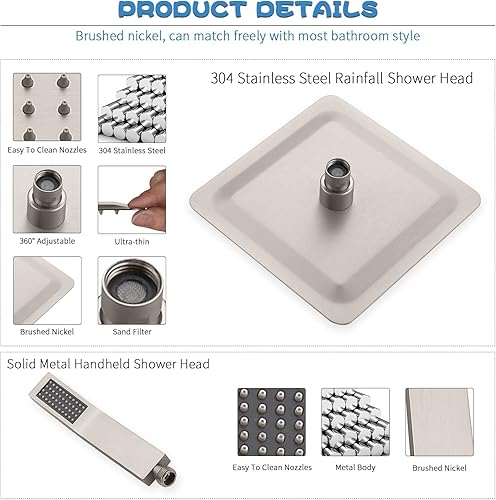 Miniatura 4 de Juego de grifos de ducha de metal, sistema de cabezal de ducha cuadrado doble con varita de mano y cabezal de ducha de lluvia, desviador, combo