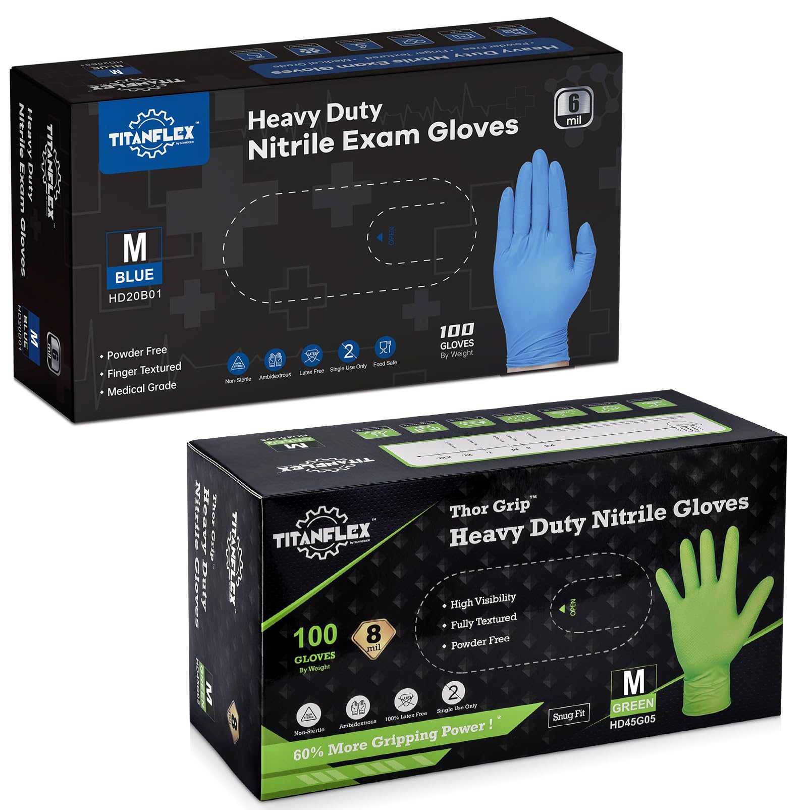 TitanFlex Disposable Nitrile Gloves, Medium, Box of 100, Heavy Duty Nitrile Gloves Disposable Latex Free, Powder Free, Medical Gloves, Cooking Gloves, Mechanic Gloves, Cleaning Gloves