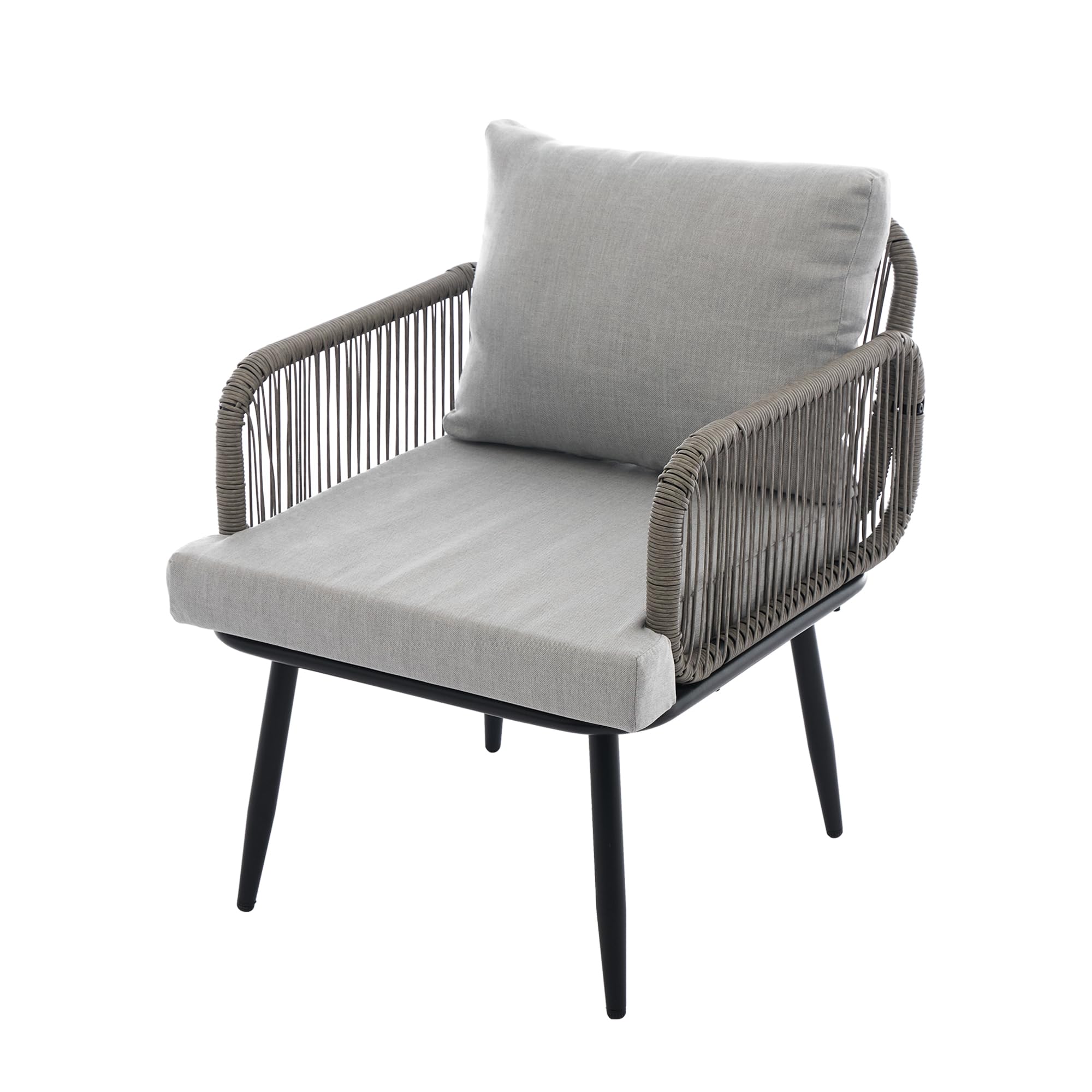 Set di sedie da giardino, con comodo cuscino, divano a 2 posti, 2 poltrone e tavolino da caffè, in acciaio zincato, corda intrecciata a mano, piano in vetro in stile venatura del legno, grigio