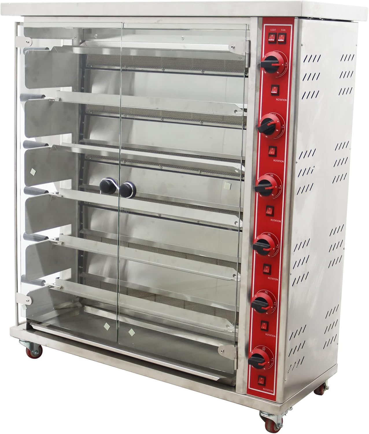 6-Roller Vertical LPG Gas Chicken Roaster Oven Commercial Stainless Steel Rotary Chicken Rotisserie Machine Adjustable Firepower with Six Burners Six Brochettes 110V
