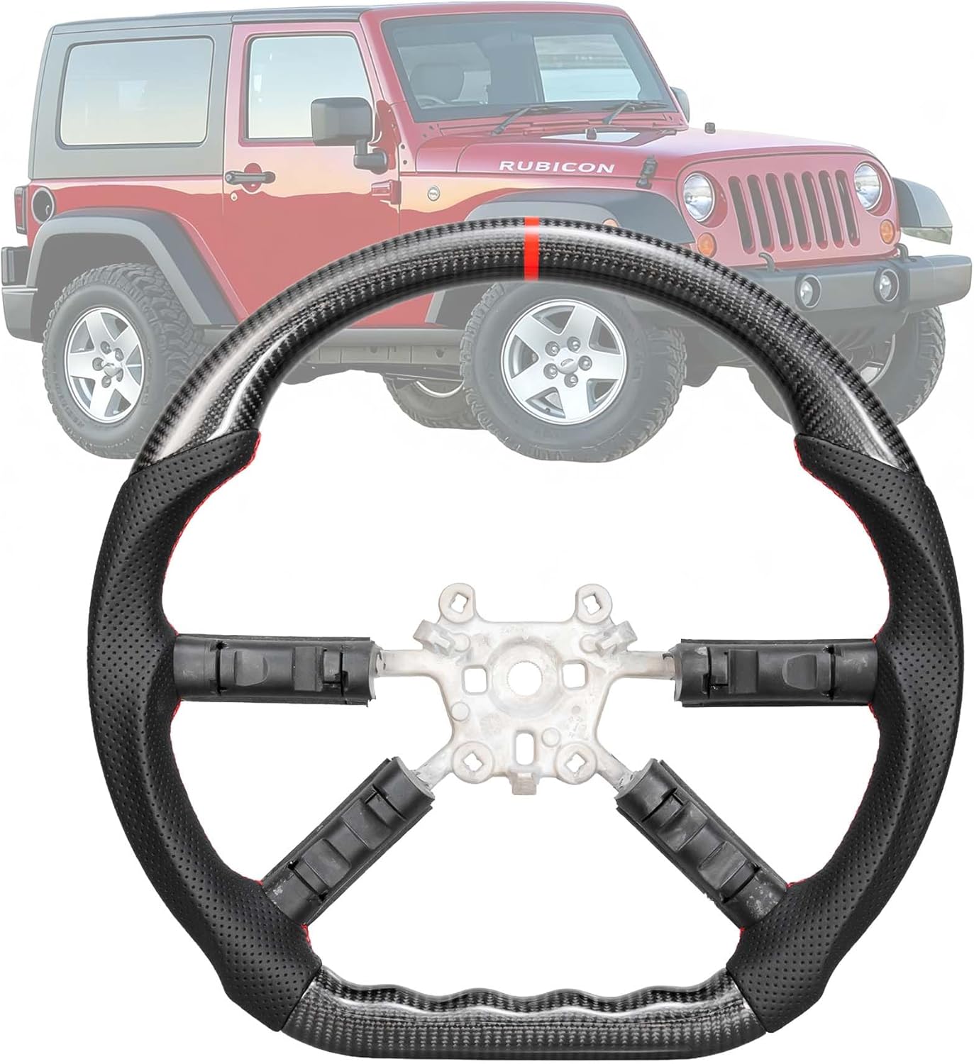 Carbon Fiber Steering Wheel for Jeep JK Wrangler 2007-2010 Red Racing Sporty D-Shape Flat Bottom Steering Wheel with Nappa Perforated Ergonomic Grip for Wrangler Sport/Sahara/Rubicon 2 Door 4 Door