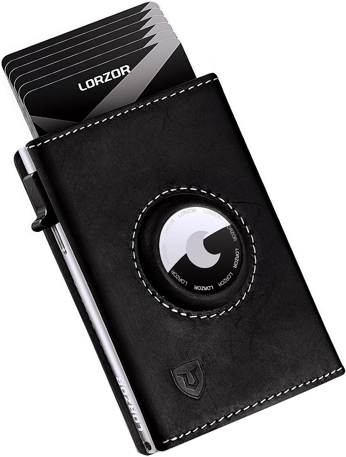 Product image of LORZOR AirTag Wallet - Full Grain Leather, Mens Minimalist Wallet with Apple Air Tag Holder, Slim Smart Pop up Card Case, ID Window, RFID Blocking, Front Pocket (AirTag Not Included)