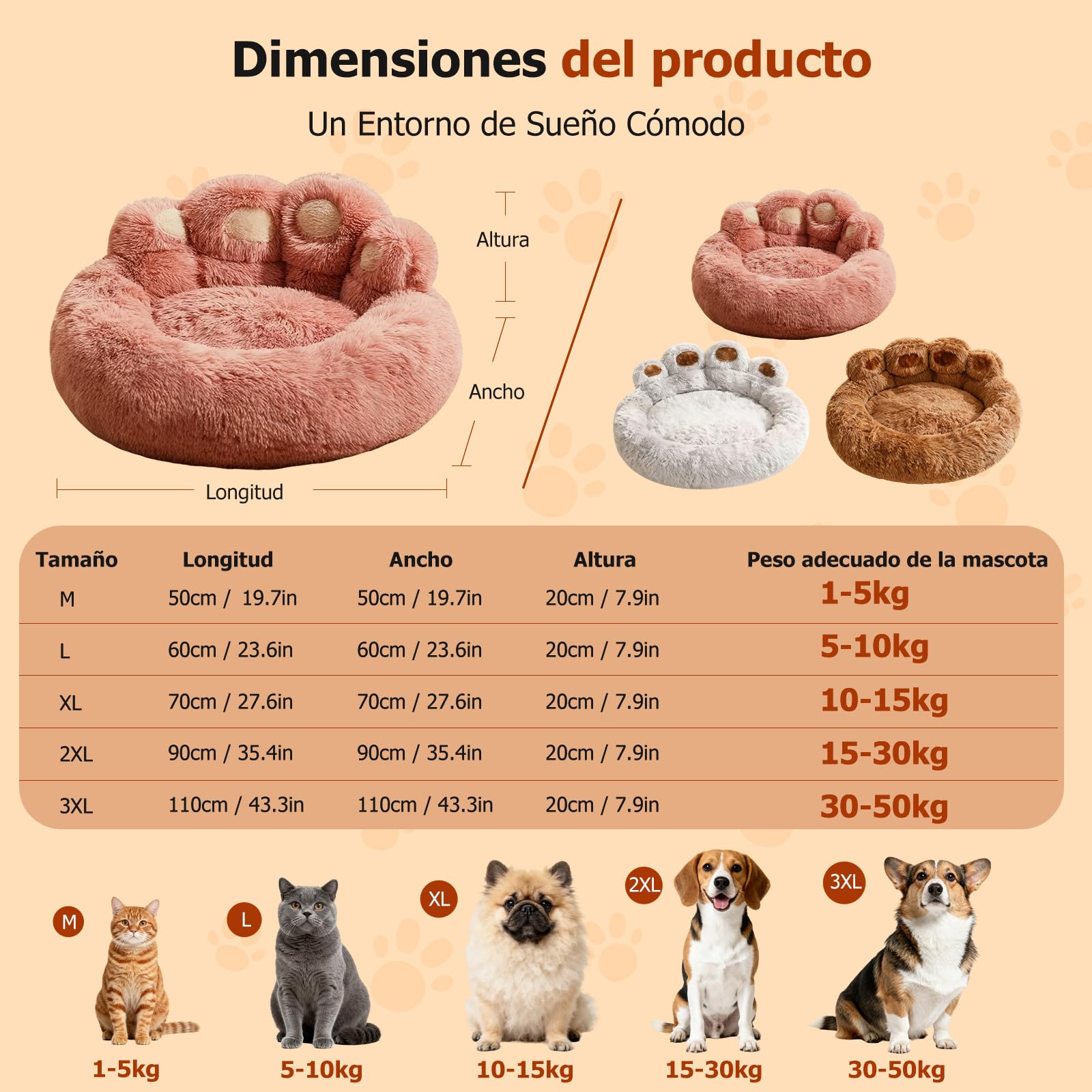 PETCUTE Cama Perro Mediano,Cómodo y Cálida,Colchon Perro Lavable con Fondo Antideslizante,Cama Ortopedica para Perros,Sofá para Perros con Forma de Pata de Oso,Rosa,2XL