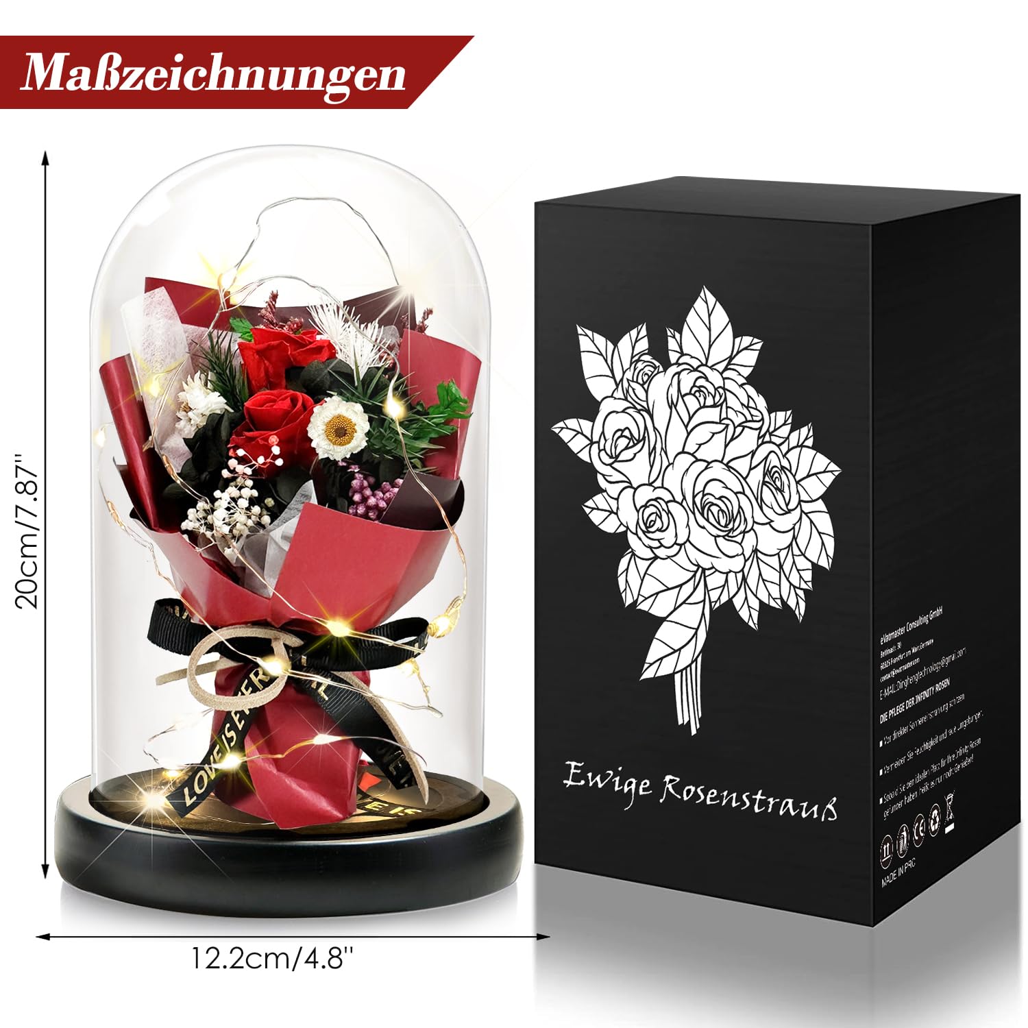 Geschenk für Frauen, Ewige Rose im Glas mit LED, Rote Rose Blumenstrauß, Dekoration für Zuhause, Langlebige Echte Blumen für Mama, Freundin, Ehefrau, Oma (Rot)