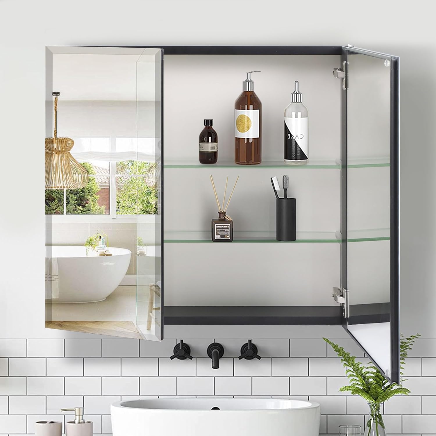Botiquín de baño Movo 26x24 pulg aluminio negro con espejo miniatura 1