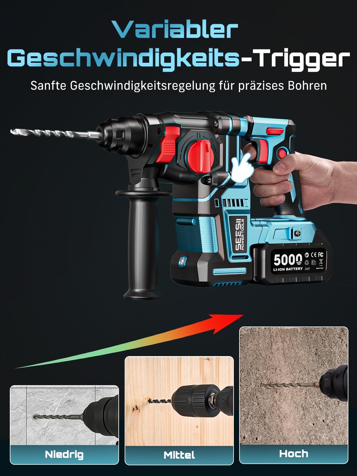 SEESII 3-in-1 Akku Bohrhammer SDS-Plus: Bohren, Hammerbohren, Meißeln mit 2 * 5,0Ah Akkus & Ladegerät, LED-Lampe, 900W Bürstenloser Motor, 2,3J Schlagbohrmaschine für Heimwerker und DIY-Projekte