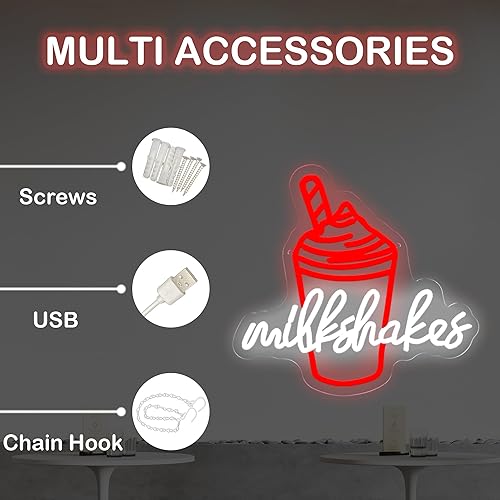 Miniatura 5 de Milkshakes - Letrero de neón LED retro rojo con texto escrito a mano, letrero de decoración de pared para postrería, barra de helado, comedor,