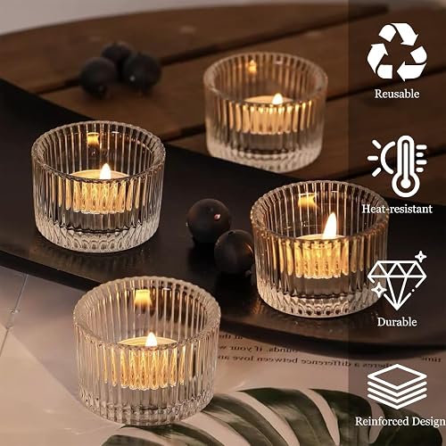 Filltown Lot de 12 photophores en verre transparent pour centre de table, bougeoirs vintage à rayures pour mariages, fêtes d'anniversaire, décoration de table - 4