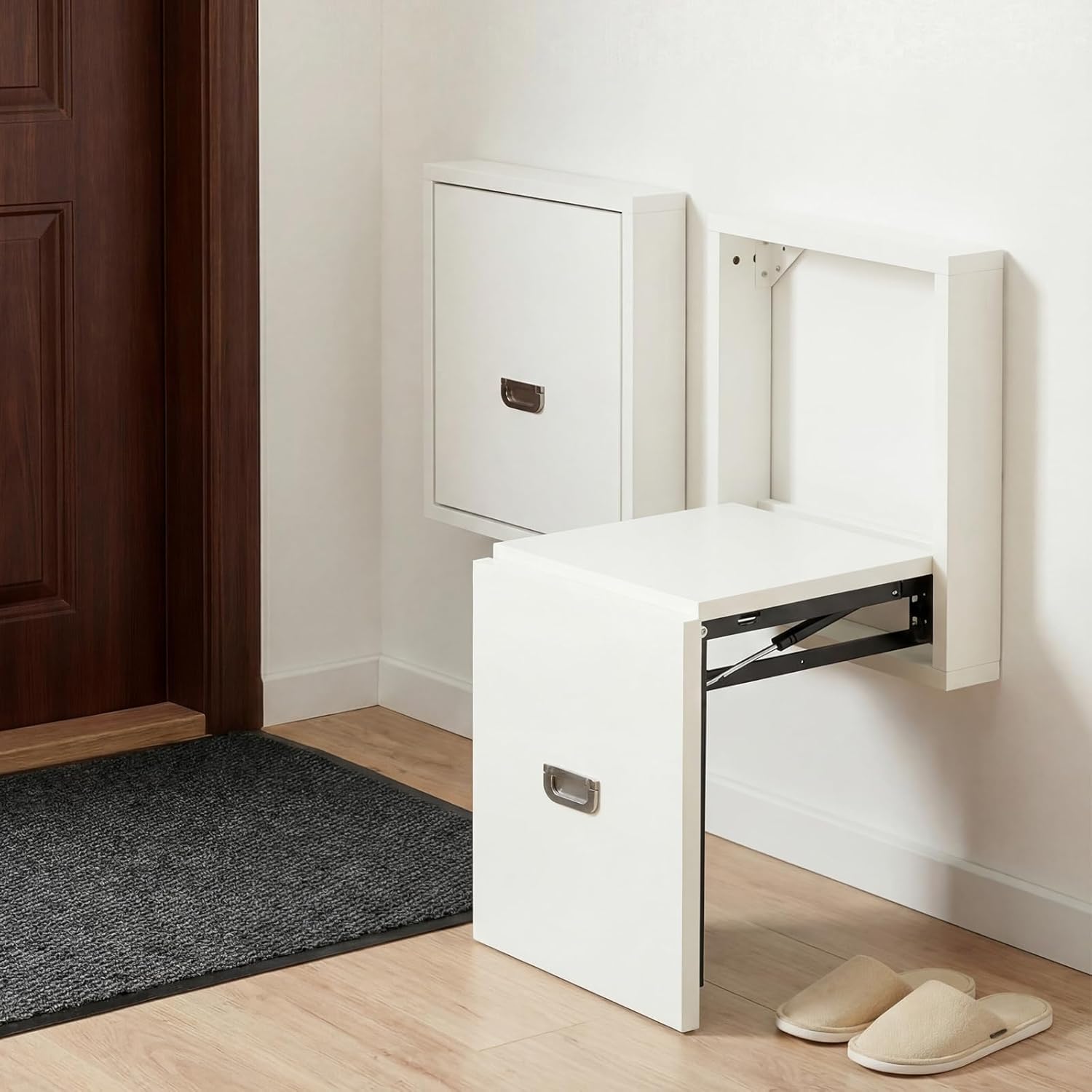 Geelin 1 Pcs Wall Mounted Folding Chair, Modern Entryway Shoe Changing Stool, 330lbs Capacity, Extra-Wide Seat, Invisible Folding Chair for Hallway, Hidden Shoe Bench Fits Most Homes, Tea White