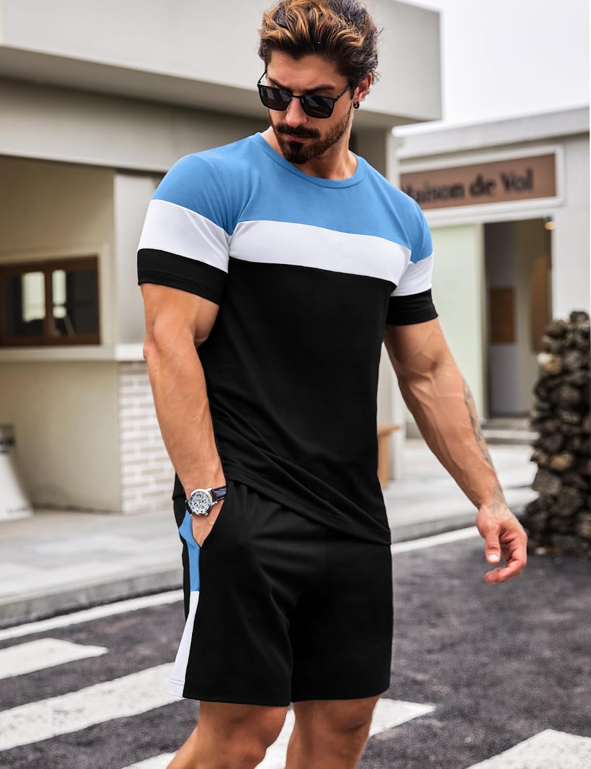 Babioboa Men's Short Sleeve Colorblock T Shirt & Shorts Sweatsuit Set Summer 2 Piece Outfits Casual Athletic Sports Tracksuit