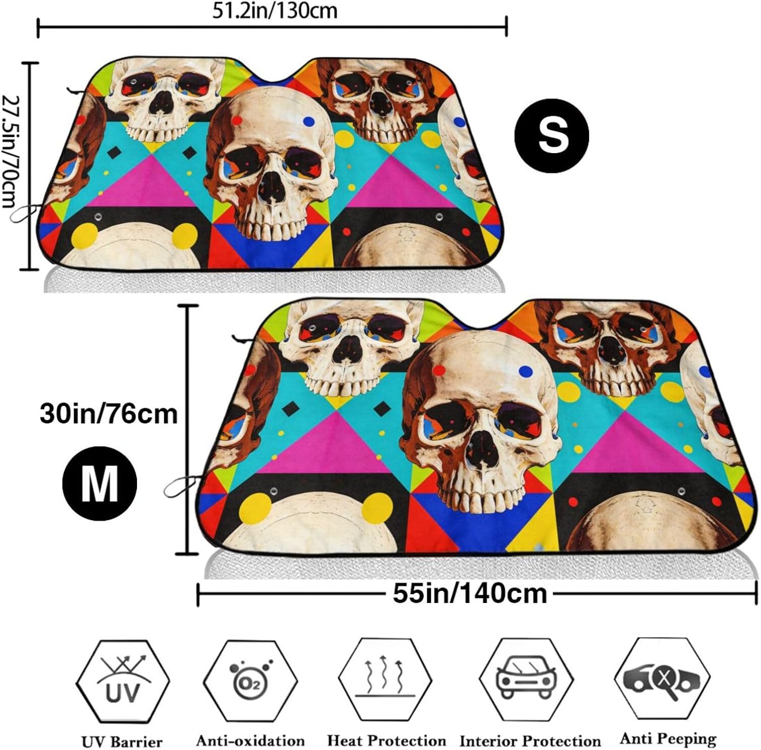 Skulls on Vibrant Geometric Print Print Foldable Car Windshield Sun Shade image 3